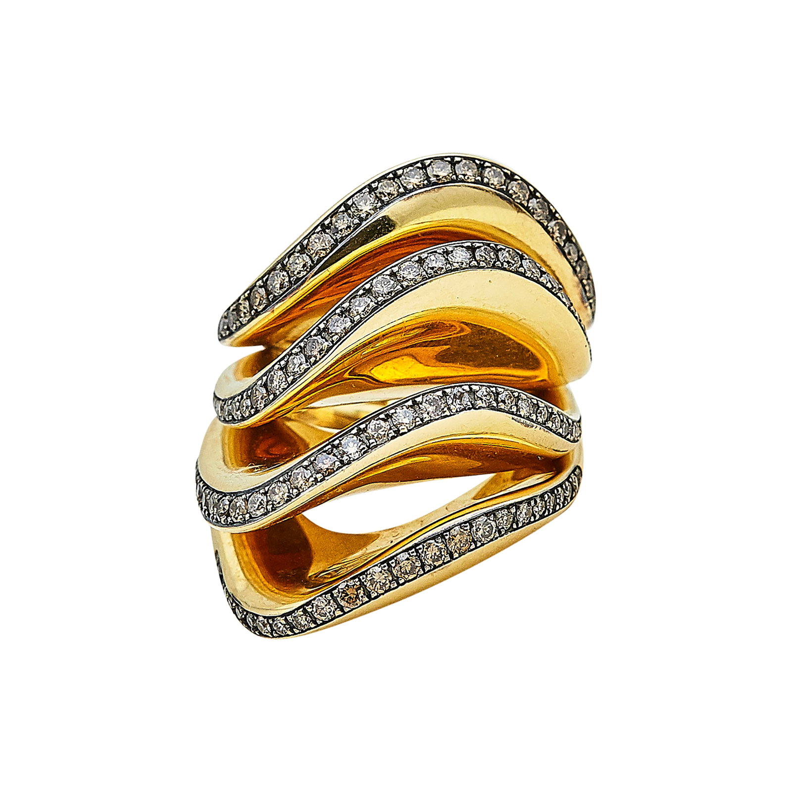 de GRISOGONO Onde 18K Yellow Gold and Brown Diamond Ring: BRAND: de GRISOGONO; METAL: 18K Yellow Gold; GEMSTONES: Brown Diamonds approx. 1.80 carats total, Weight calculated by formula; STAMPED: de GRISOGONO, 750, Maker's marks, Italian workshop mark, Serial