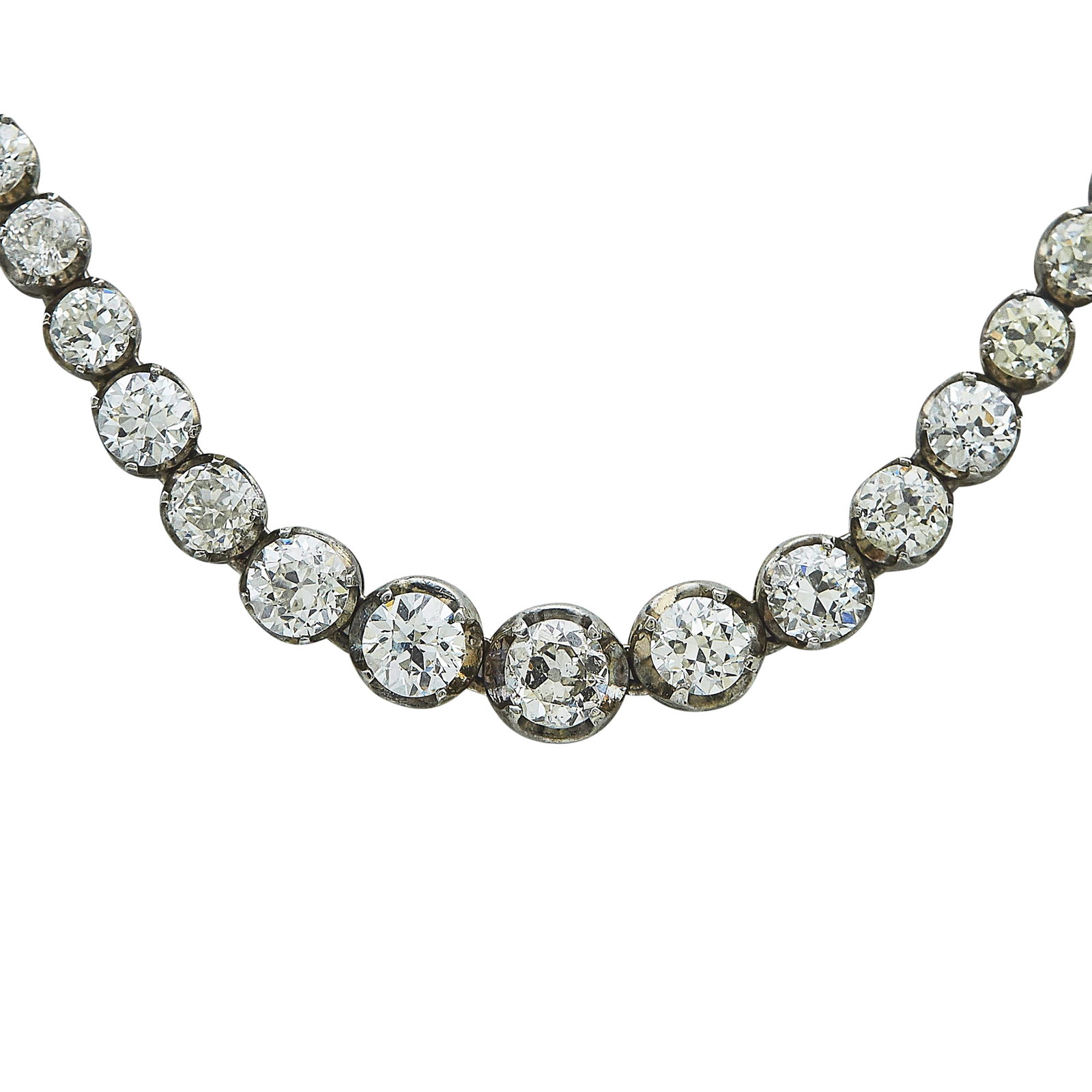 14K White Gold and Old European Cut Diamond Riviera Necklace: METAL: 14K White Gold; SHAPE: Old European cut; APPROXIMATE TOTAL DIAMOND WEIGHT: 9 ctw; STAMPED: 14K; CONDITION: Pre-owned, Very Good; ITEM WEIGHT (GRAMS): 16.3 g; MEASUREMENTS: Necklace 16 3/4 inche