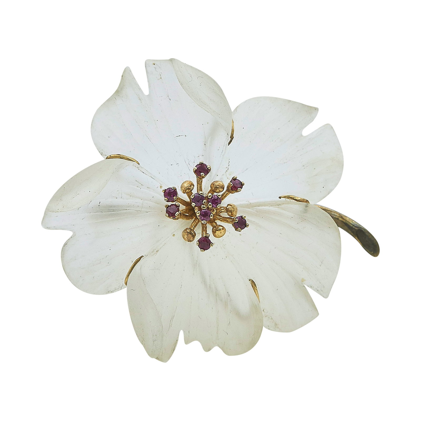 14K Yellow Gold, Carved Crystal, and Ruby Flower Brooch: METAL: 14K Yellow Gold; GEMSTONES: Quartz and Ruby; STAMPED: 14K, Maker's mark; CONDITION: Pre-owned, Good; ITEM WEIGHT (GRAMS): 16.3 g; MEASUREMENTS: Brooch approx. 1 15/16 inch long x 1 11/16 inch w