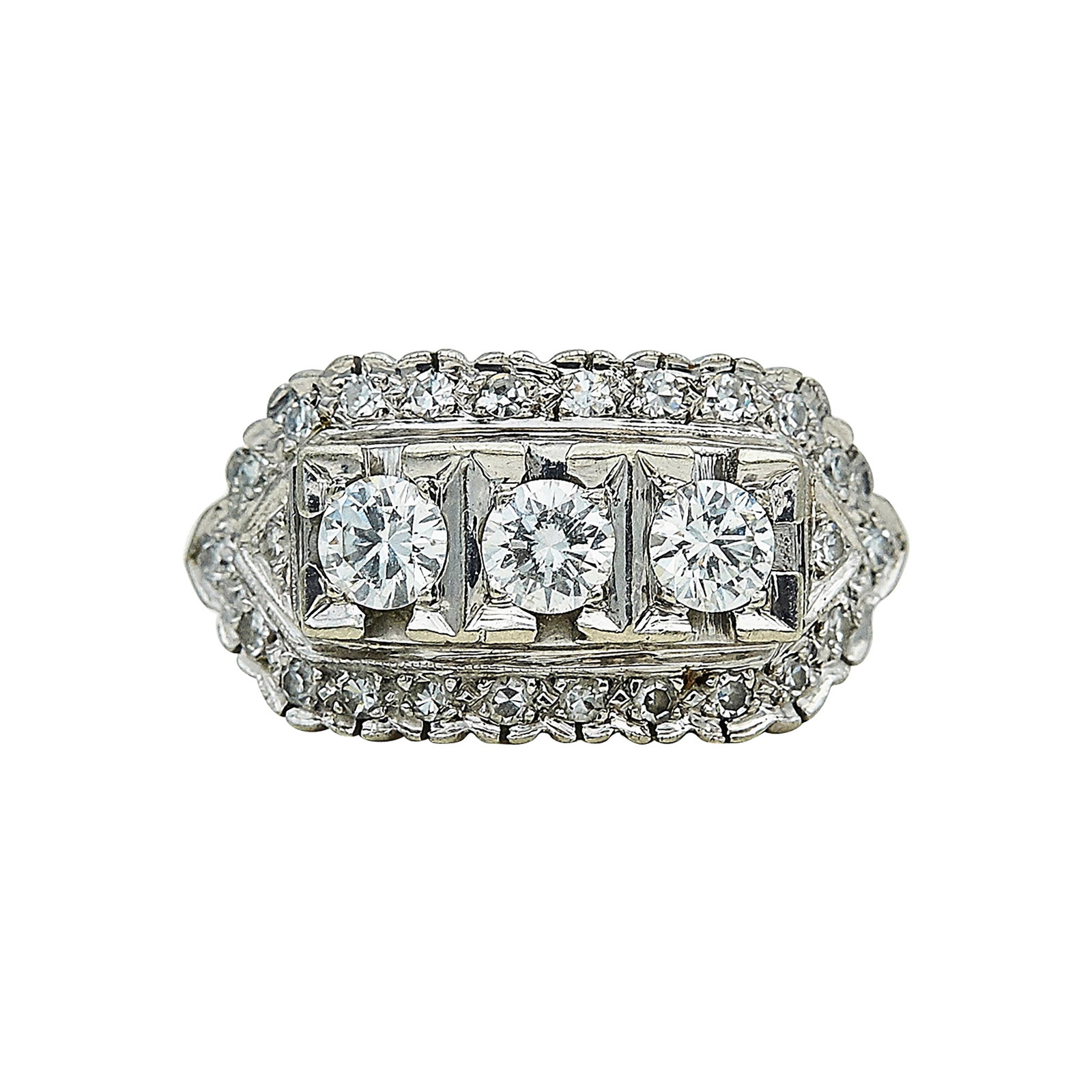 14K White Gold and Diamond Ring: METAL: 14K White Gold; APPROXIMATE TOTAL DIAMOND WEIGHT: 1.11 ctw; STAMPED: 14K; CONDITION: Pre-owned, Good; ITEM WEIGHT (GRAMS): 5.85 g; MEASUREMENTS: Ring size 6