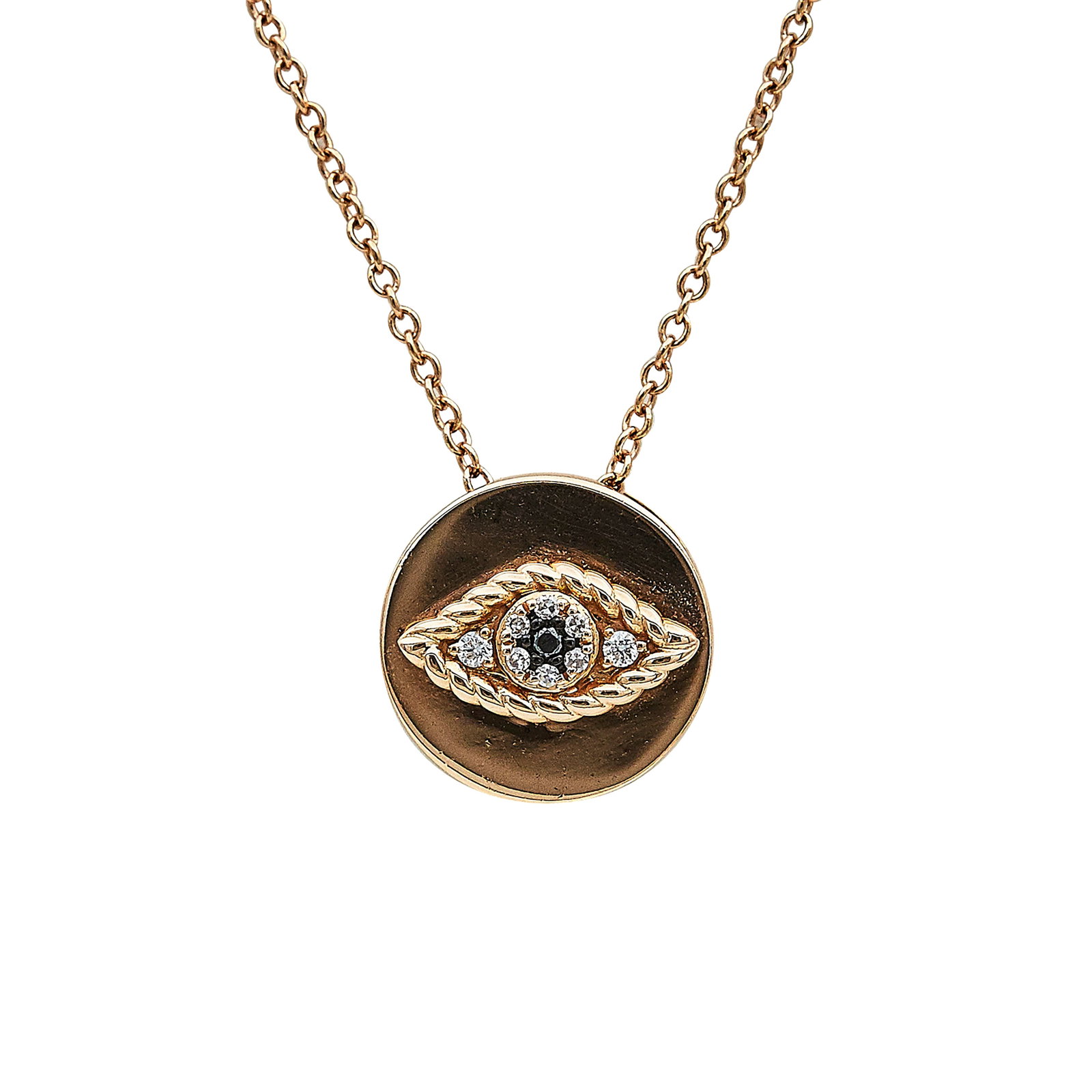 EFFY 14K Rose Gold, Diamond, and Sapphire Evil Eye Pendant Necklace: BRAND: EFFY; METAL: 14K Rose Gold; APPROXIMATE TOTAL DIAMOND WEIGHT: 0.02 ctw; GEMSTONES: Sapphire; STAMPED: EFFY, 14K; CONDITION: Pre-owned, Very Good; ITEM WEIGHT (GRAMS): 3.8 g; MEASUREMENTS: Neckl