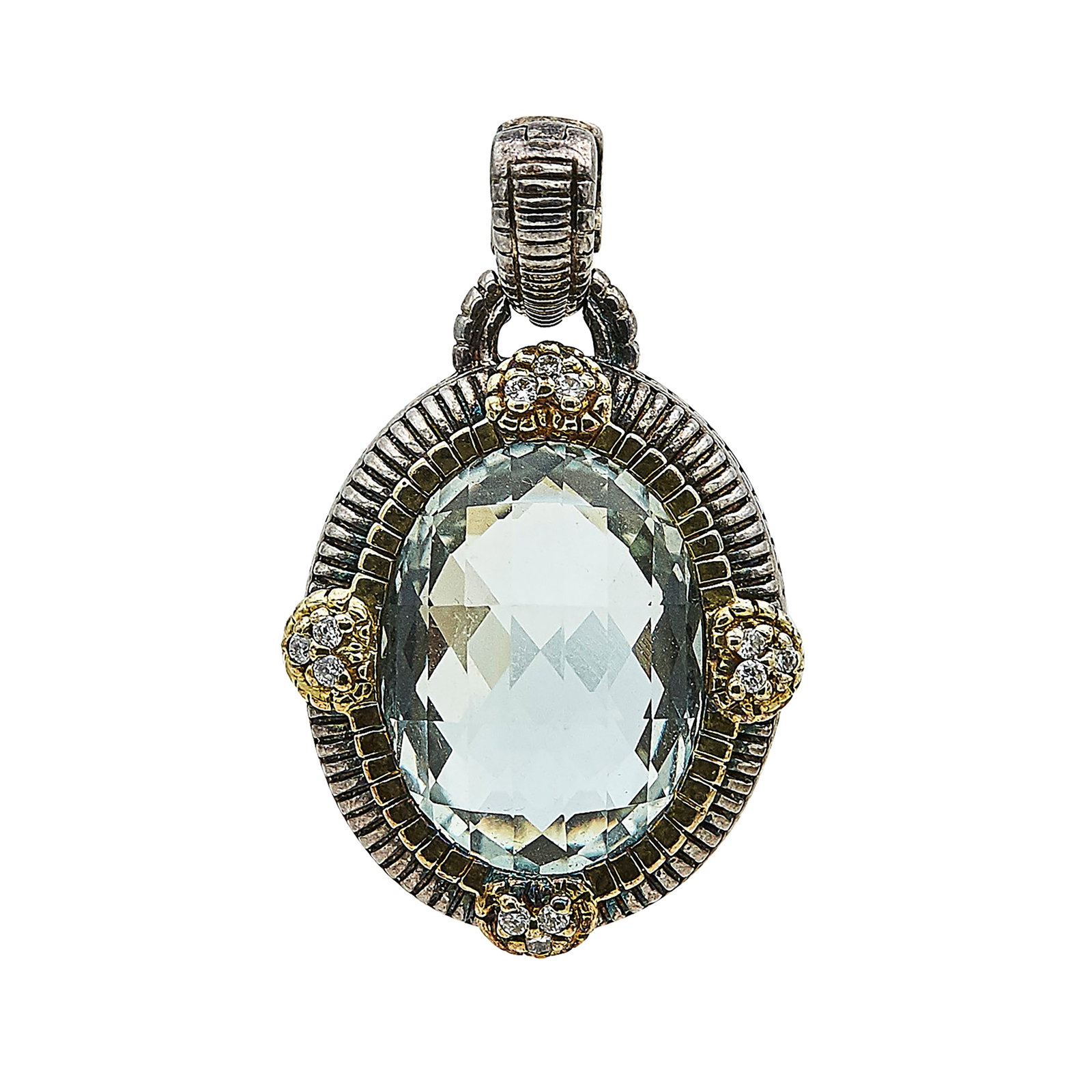 Judith Ripka Sterling Silver, 18K Yellow Gold, Quartz, and Diamond Pendant: BRAND: Judith Ripka; METAL: Silver/18K Yellow Gold; APPROXIMATE TOTAL DIAMOND WEIGHT: 0.15 ctw; GEMSTONES: Quartz; STAMPED: JR TWO, 18K, 925, Maker's marks; CONDITION: Pre-owned, Very Good; ITEM WEIGH