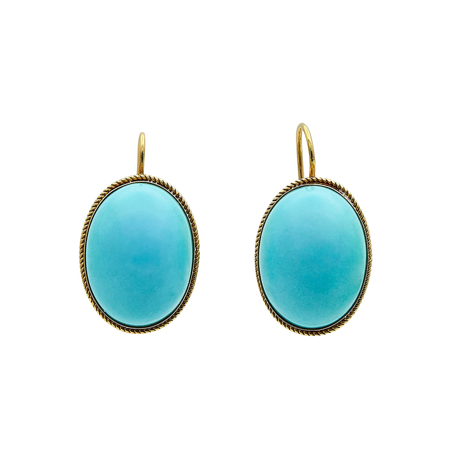 18K Yellow Gold and Turquoise Cabochon Earrings: METAL: 18K Yellow Gold; GEMSTONES: Turquoise; STAMPED: 750, Italian workshop mark; CONDITION: Pre-owned, Good; ITEM WEIGHT (GRAMS): 14 g; MEASUREMENTS: Earrings approx. 1 1/8 inch long x 5/8 inch wide