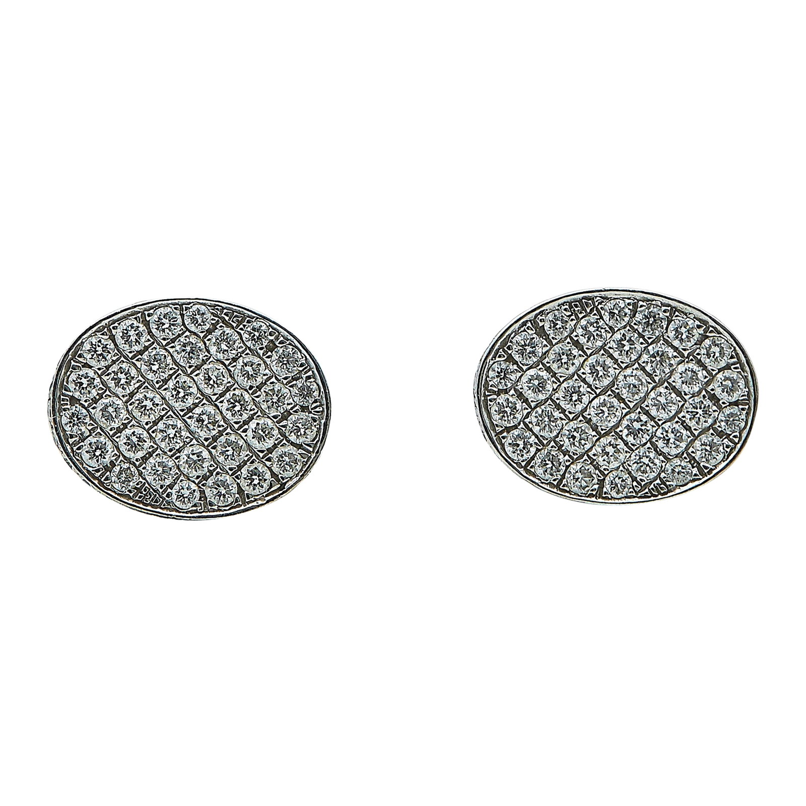18K White Gold and Diamond Pave Oval Stud Earrings: METAL: 18K White Gold; APPROXIMATE TOTAL DIAMOND WEIGHT: 1 ctw; STAMPED: Backs marked: 750; TESTED: 18K White Gold; CONDITION: Pre-owned, Very Good; ITEM WEIGHT (GRAMS): 4.4 g; MEASUREMENTS: Earrings 
