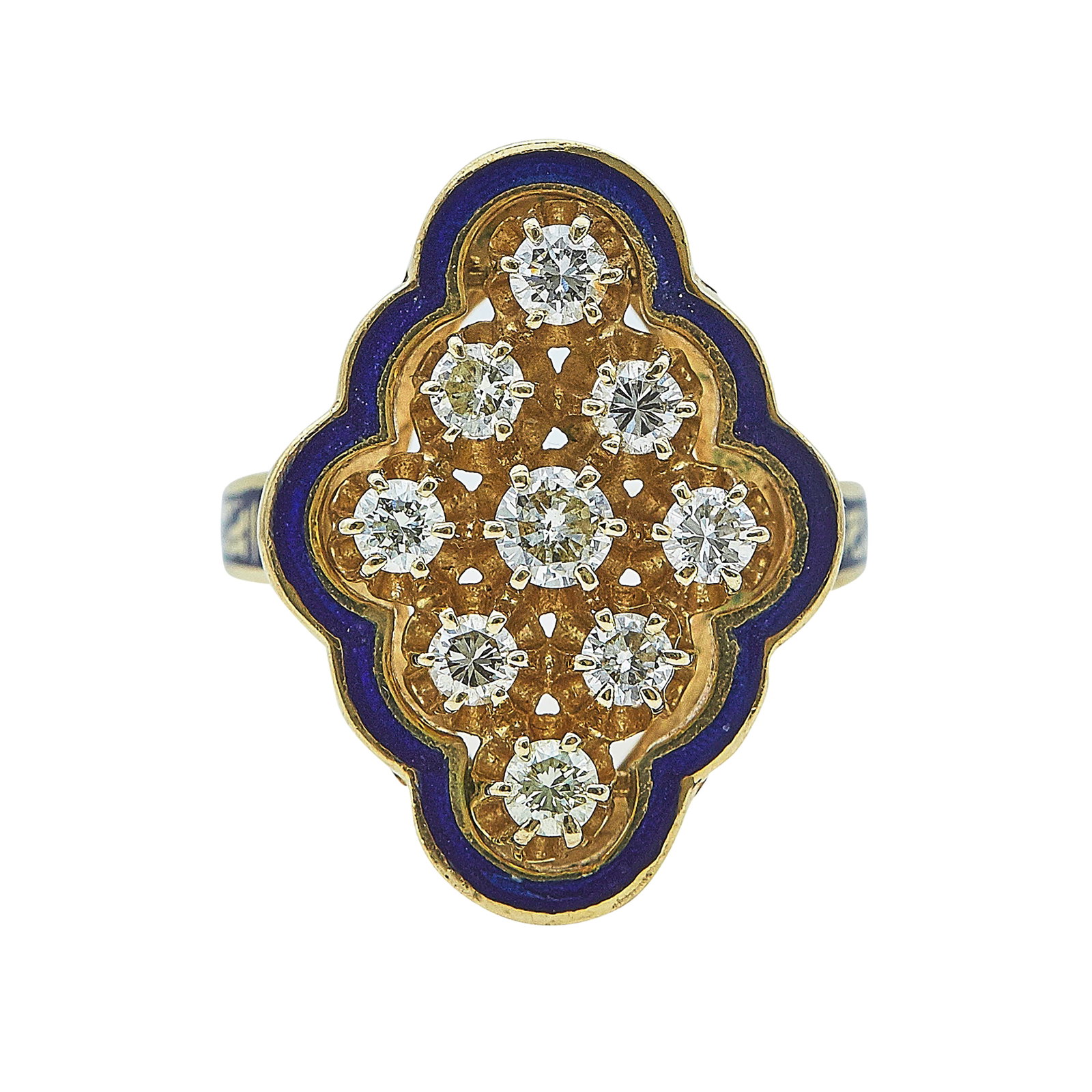 14K Yellow Gold, Diamond, and Blue Enamel Ring: METAL: 14K Yellow Gold; APPROXIMATE TOTAL DIAMOND WEIGHT: 0.84 ctw; GEMSTONES: Blue Enamel; STAMPED: 14K, 42; CONDITION: Pre-owned, Good; ITEM WEIGHT (GRAMS): 7.5 g; MEASUREMENTS: Ring size 6 3/4; Dia