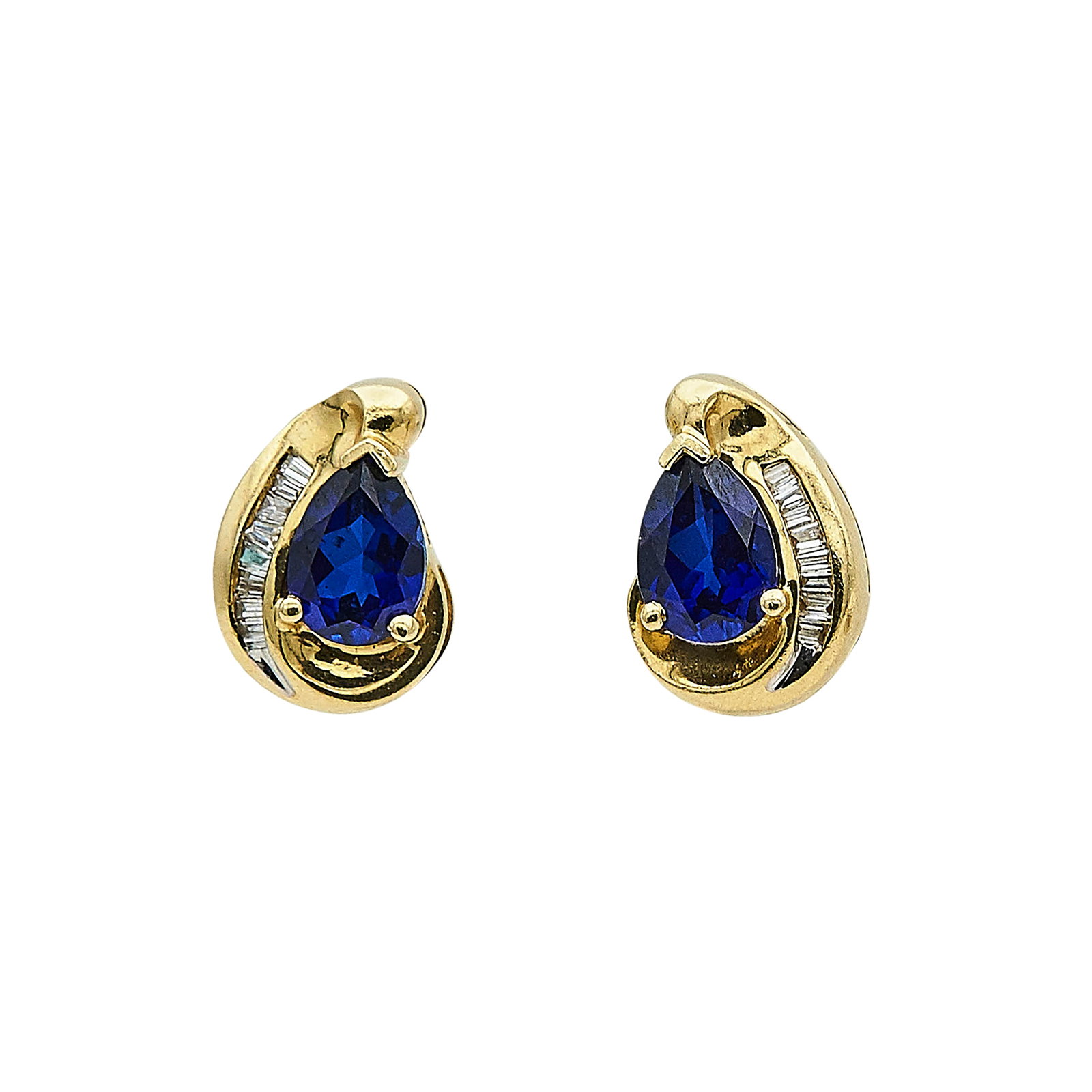 14K Yellow Gold, Synthetic Sapphire, and Diamond Teardrop Earrings: METAL: 14K Yellow Gold; APPROXIMATE TOTAL DIAMOND WEIGHT: 0.08 ctw; GEMSTONES: Synthetic Sapphires; STAMPED: 14K, Maker's mark; CONDITION: Pre-owned, Very Good; ITEM WEIGHT (GRAMS): 3.3 g; MEASUREMENT