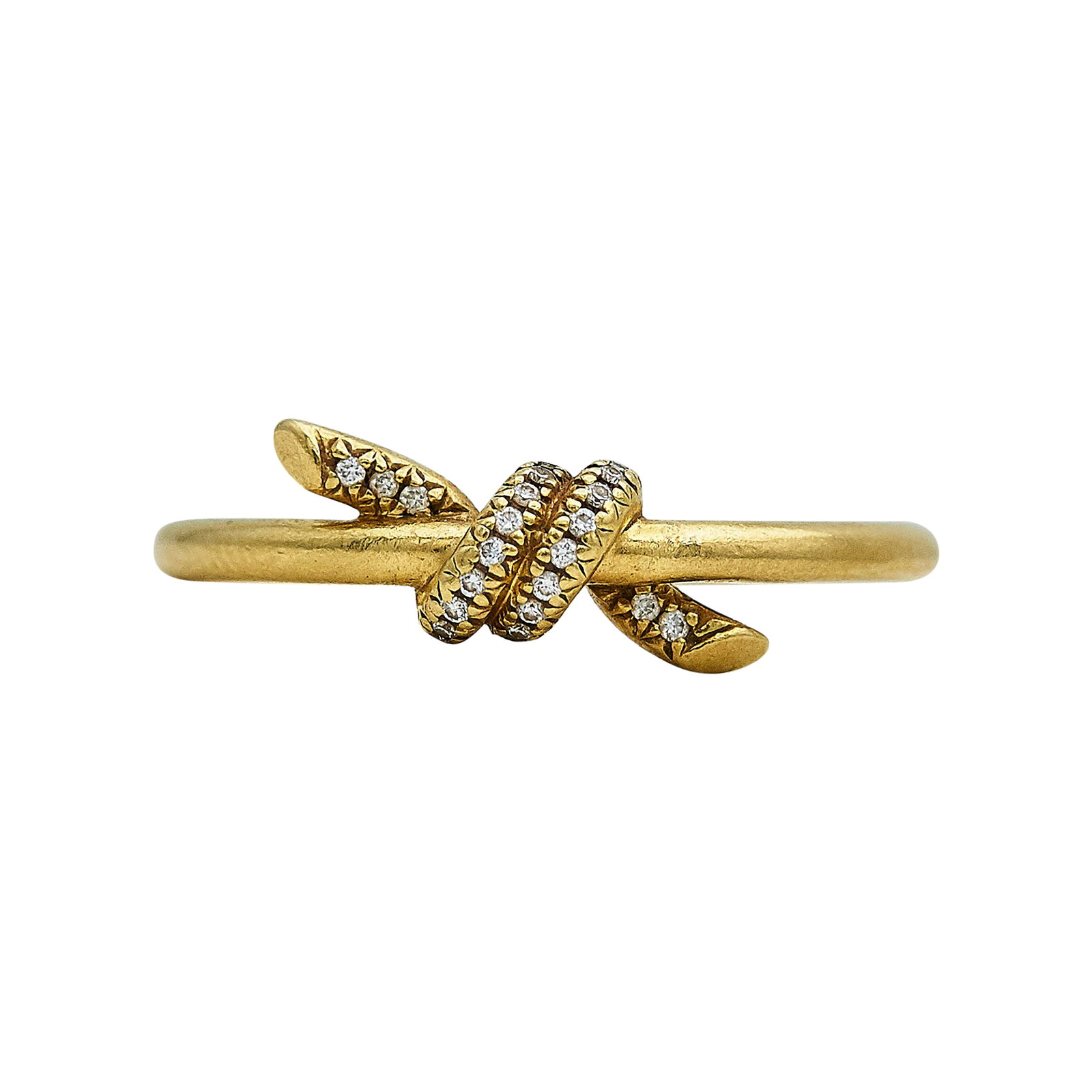 Tiffany & Co. Tiffany Knot 18K Yellow Gold and Diamond Ring: BRAND: Tiffany & Co.; COLLECTION: Tiffany Knot; METAL: 18K Yellow Gold; APPROXIMATE TOTAL DIAMOND WEIGHT: 0.05 ctw; STAMPED: © Tiffany & Co., Au750; CONDITION: Pre-owned, Very Good; ITEM WEIGHT (GRAM