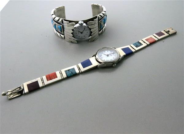 Native American Sterling Color Gemstone Watch lot: Measurements- Legacy inlaid multi-color stones- blue green orange purple- watch length 6 3/4", dial- 25mm (includes crown), Timex turquoise mother of pearl cuff watch- 31mm wide, weight of both- 