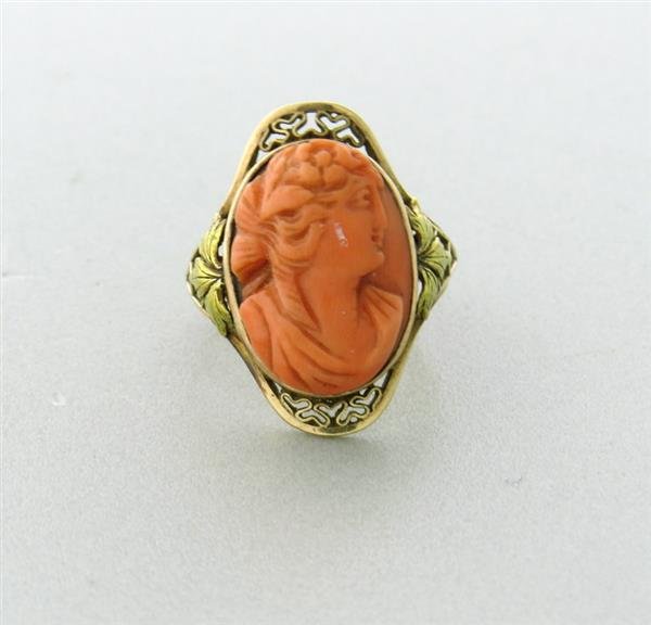 Victorian 10k Rose Gold Coral Cameo Ring: Measurements- ring size approx 6. Ring is 24mm wide at widest point. Weight- 4.8g, Gemstones- Coral: Approx 17.8mm X 12.9mm. Mark/Tested: 10k, S, B.G.Con#GG
