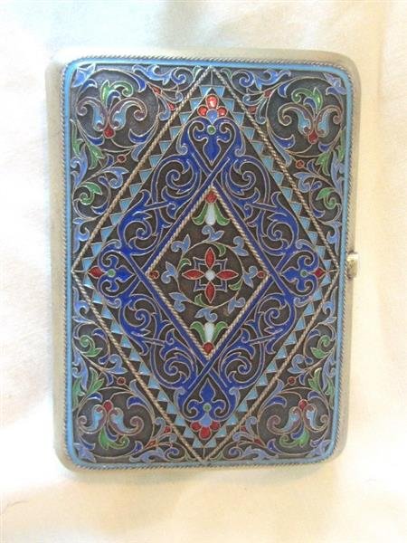 Antique Grachev Russian Silver Enamel Cigarette Case: Antique Russian Silver Enamel Cigarette Case. Monogram: yes, Marks: Makers mark. Measurement: 3 1/2" X 2 1/2" x 7/8". Weight: 5.1ozt. Made by the Grachev Brothers of St. Petersburg Russ