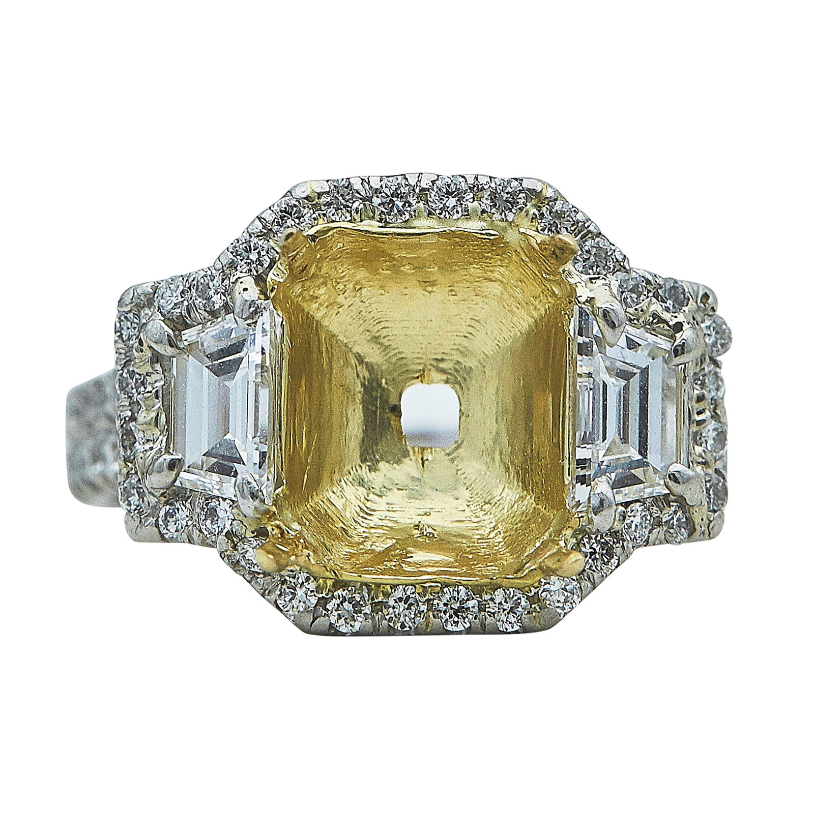 Platinum and 18K Yellow Gold Diamond Halo Ring Setting: METAL: 18K Yellow Gold/Platinum; STAMPED: Plat, 750, maker's mark; CONDITION: Pre-owned, Good; ITEM WEIGHT (GRAMS): 6.38 g; MEASUREMENTS: Ring size 4 3/4, Center will fit approx. 9.80 mm x 7.75 mm rec