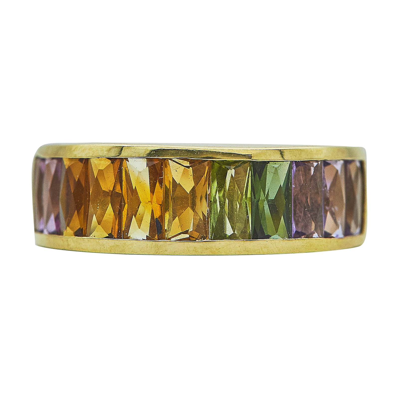 18K Yellow Gold Multi Gem-Set Rainbow Band Ring: METAL: 18K Yellow Gold; STAMPED: 750, AM088; CONDITION: Pre-owned, Very Good; ITEM WEIGHT (GRAMS): 4.6 g; MEASUREMENTS: Ring size 6 1/2