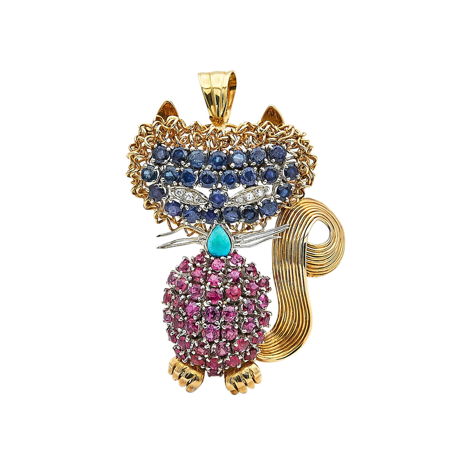 14K Yellow Gold, Sapphire, and Ruby Cat Pendant Brooch: METAL: 14K Yellow Gold; APPROXIMATE TOTAL DIAMOND WEIGHT: 0.04 ctw; GEMSTONES: Sapphire, Ruby; STAMPED: 14K, 585; CONDITION: Pre-owned, Good; ITEM WEIGHT (GRAMS): 14.86 g; MEASUREMENTS: Pendant 2 inch