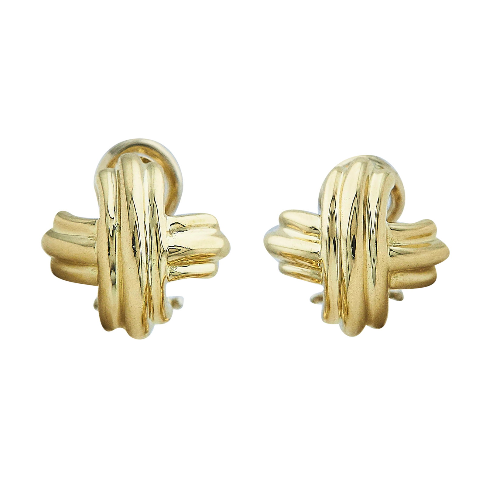 Tiffany & Co. Signature X 18K Yellow Gold Stud Earrings: BRAND: Tiffany & Co.; COLLECTION: Signature X; METAL: 18K Yellow Gold; STAMPED: T & Co., 750; CONDITION: Pre-owned, Very Good; ITEM WEIGHT (GRAMS): 8.3 g; MEASUREMENTS: Earrings 9/16 inch long x 9/16 