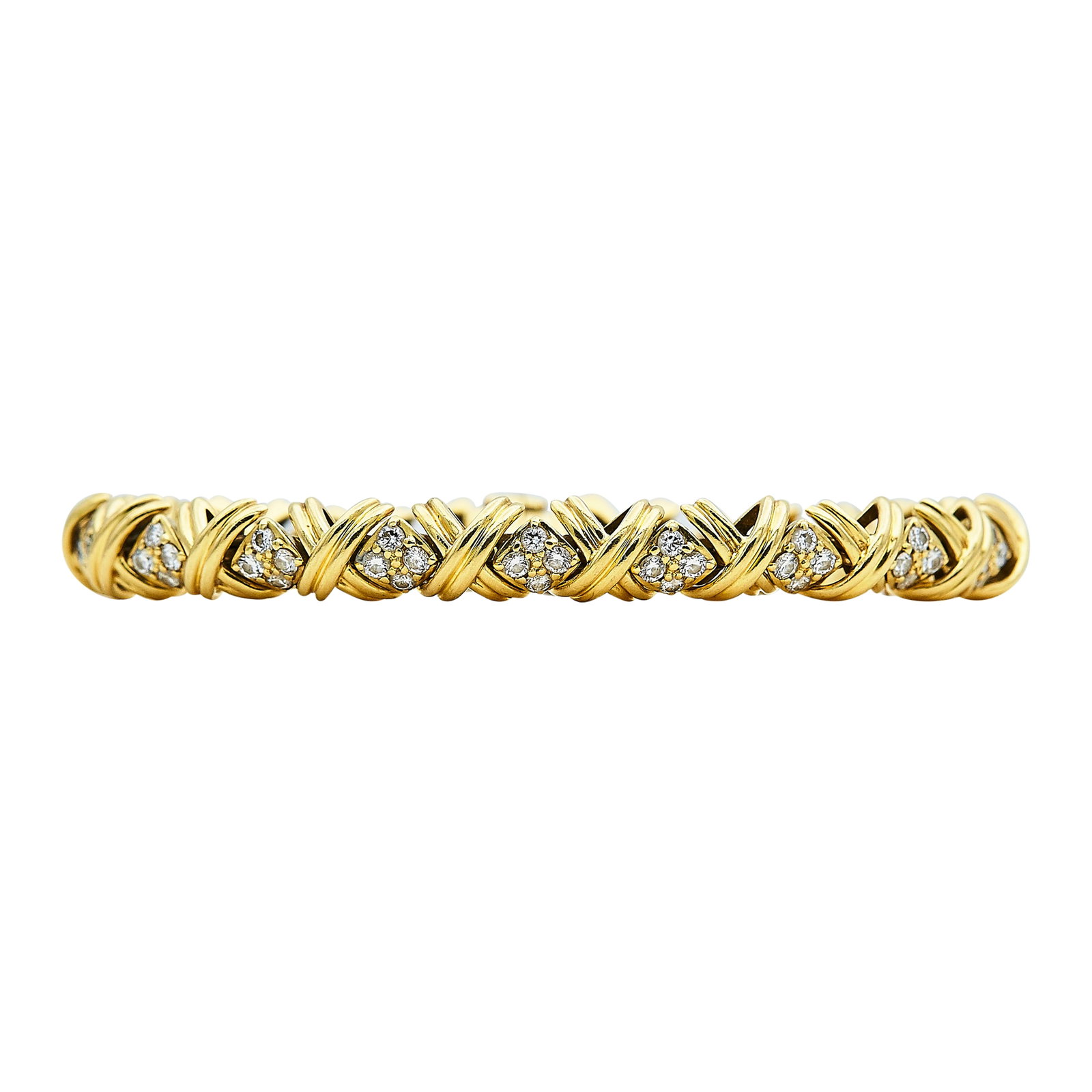 Tiffany & Co. Signature X 18K Yellow Gold and Diamond Pave Link Bracelet: BRAND: Tiffany & Co.; COLLECTION: Signature X; METAL: 18K Yellow Gold; APPROXIMATE TOTAL DIAMOND WEIGHT: 2.25 ctw; STAMPED: © T & Co., 750; CONDITION: Pre-owned, Very Good; ITEM WEIGHT (GRAMS): 29.2 