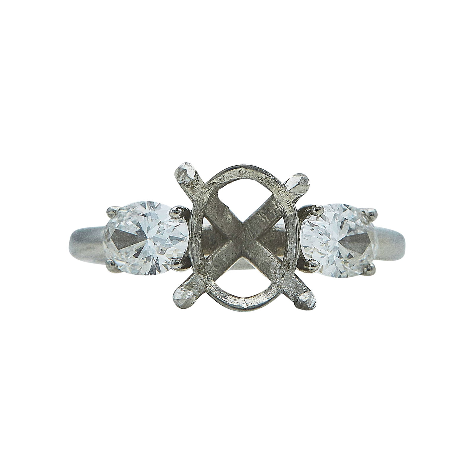 Platinum and Diamond Engagement Ring Setting: METAL: Platinum; APPROXIMATE TOTAL DIAMOND WEIGHT: 0.95 ctw; STAMPED: Plat; CONDITION: Pre-owned, Very Good; ITEM WEIGHT (GRAMS): 4.4 g; MEASUREMENTS: Ring size 5 3/4, Center will fit approx. 9.40 mm 