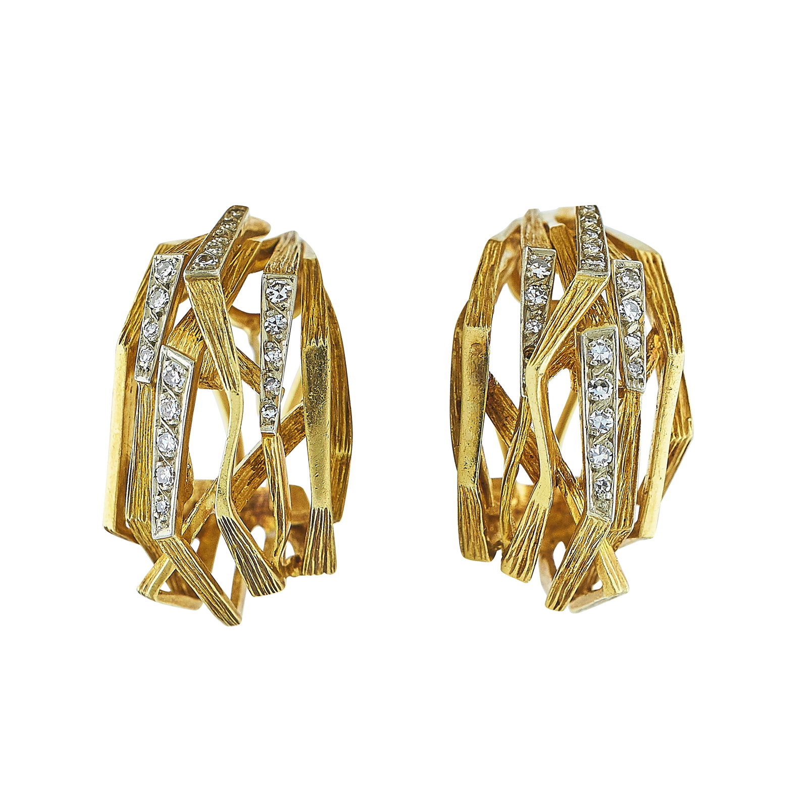 Brutalist 18K Yellow Gold and Platinum Hoop Earrings: METAL: 18K Yellow Gold/Platinum; APPROXIMATE TOTAL DIAMOND WEIGHT: 0.46 ctw; STAMPED: Maker's mark, unidentified marks; TESTED: 18K Yellow Gold/Platinum; CONDITION: Pre-owned, Good; ITEM WEIGHT (GRAMS