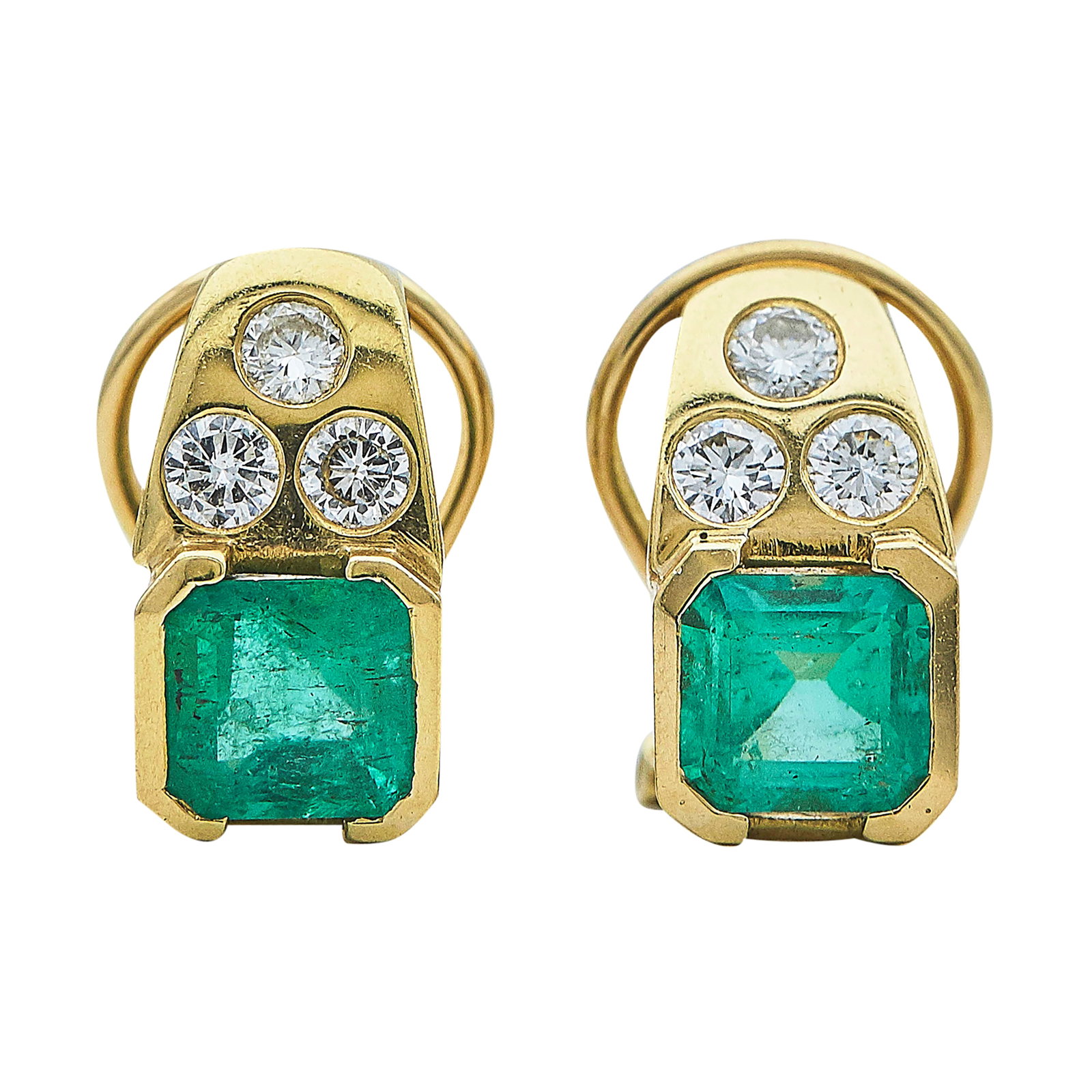 18K Yellow Gold, Emerald, and Diamond Earrings: METAL: 18K Yellow Gold; APPROXIMATE TOTAL DIAMOND WEIGHT: 0.84 ctw; GEMSTONES: Emeralds approx. 1.26 carats each, Weight estimated by formula; TESTED: 18K Yellow Gold; CONDITION: Pre-owned, Very Good;