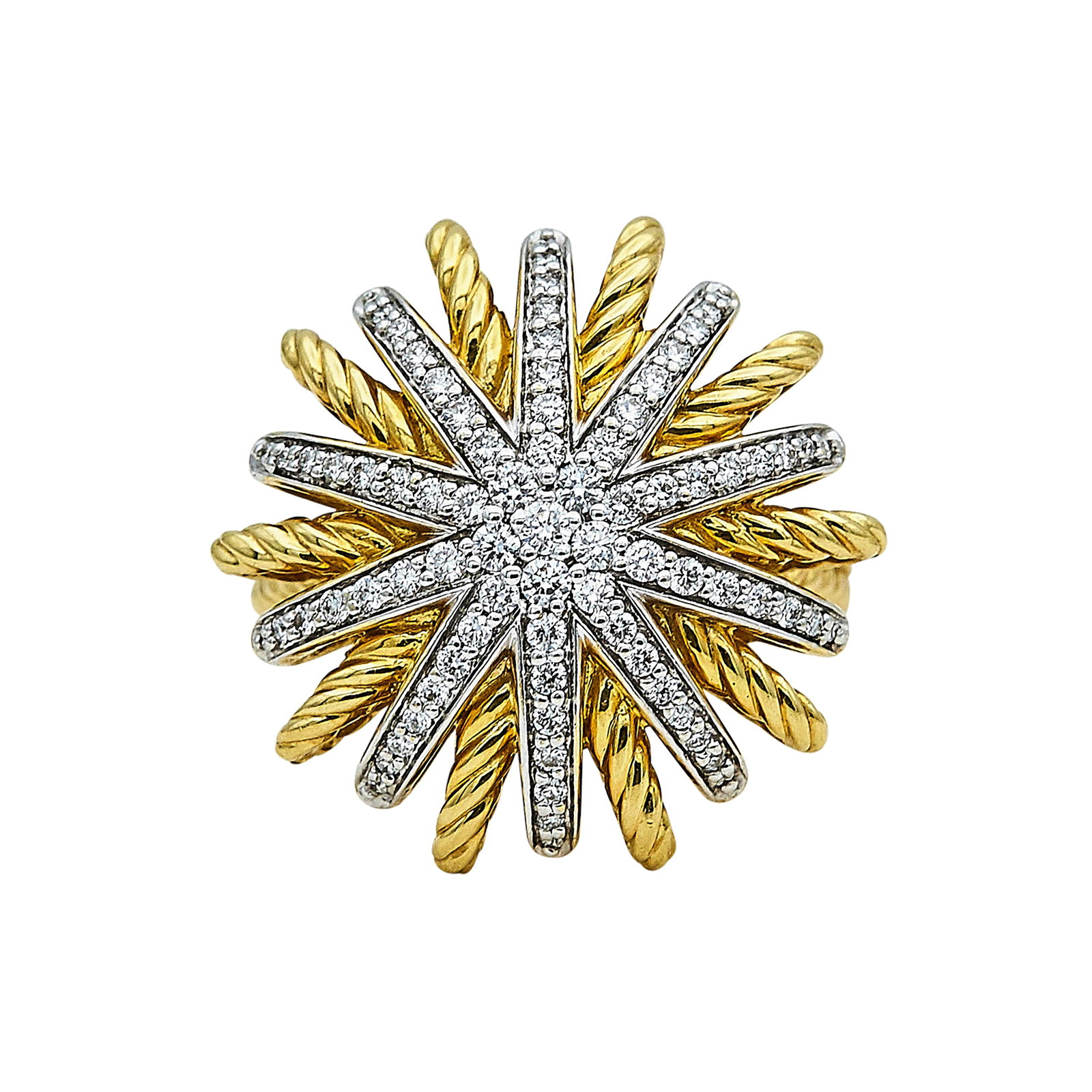 David Yurman 18K Yellow and White Gold Diamond Sunburst Ring: BRAND: David Yurman; METAL: 18K Yellow Gold/White Gold; APPROXIMATE TOTAL DIAMOND WEIGHT: 0.58 ctw; STAMPED: © D.Y., 750; CONDITION: Pre-owned, Very Good; ITEM WEIGHT (GRAMS): 10.8 g; MEASUREMENTS: R