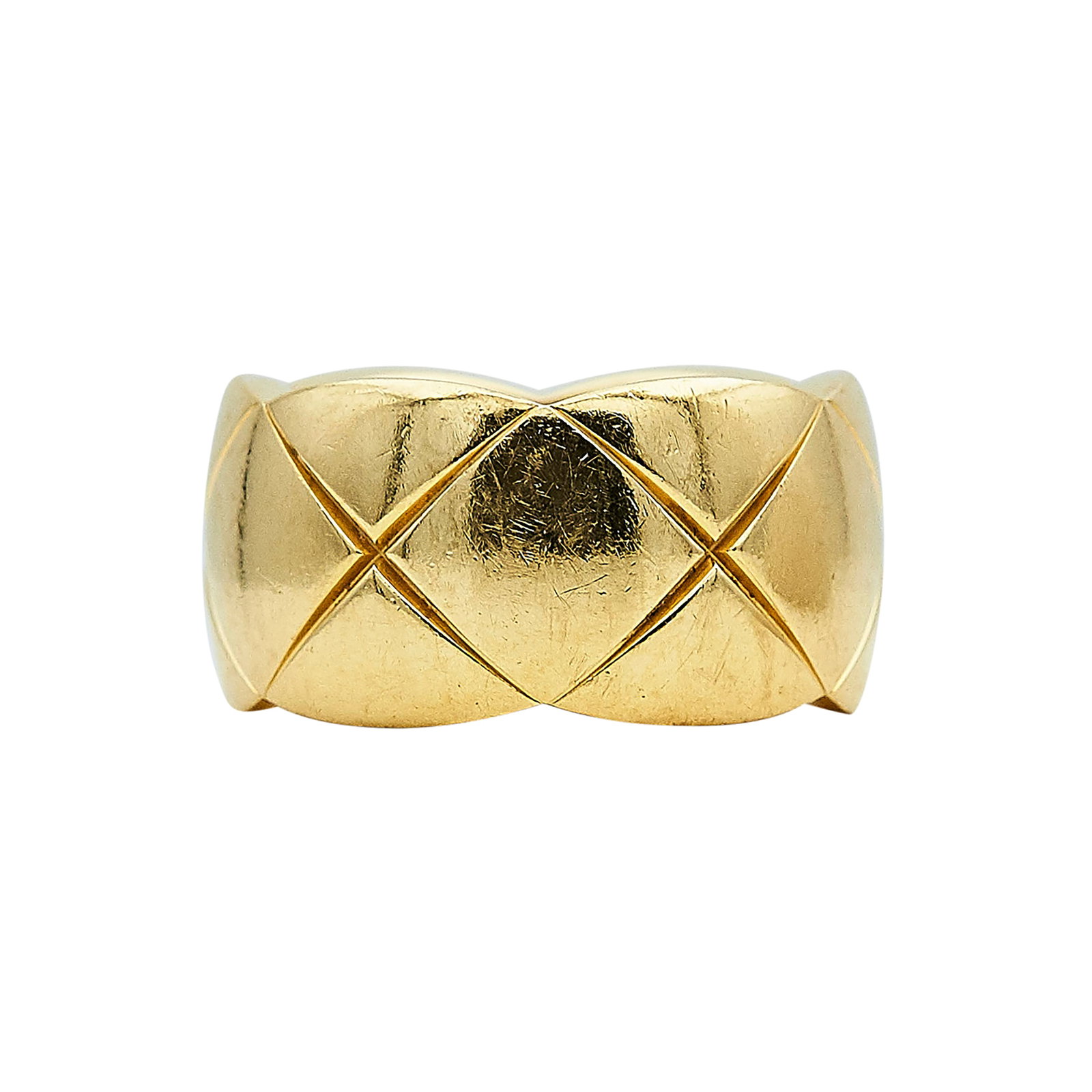 Chanel Coco Crush 18K Yellow Gold Band Ring: BRAND: Chanel; COLLECTION: Coco Crush; METAL: 18K Yellow Gold; STAMPED: T52, © Chanel, Serial number, Au750, Maker's marks; CONDITION: Pre-owned, Good; ITEM WEIGHT (GRAMS): 11.3 g; MEASUREMENTS: Chan