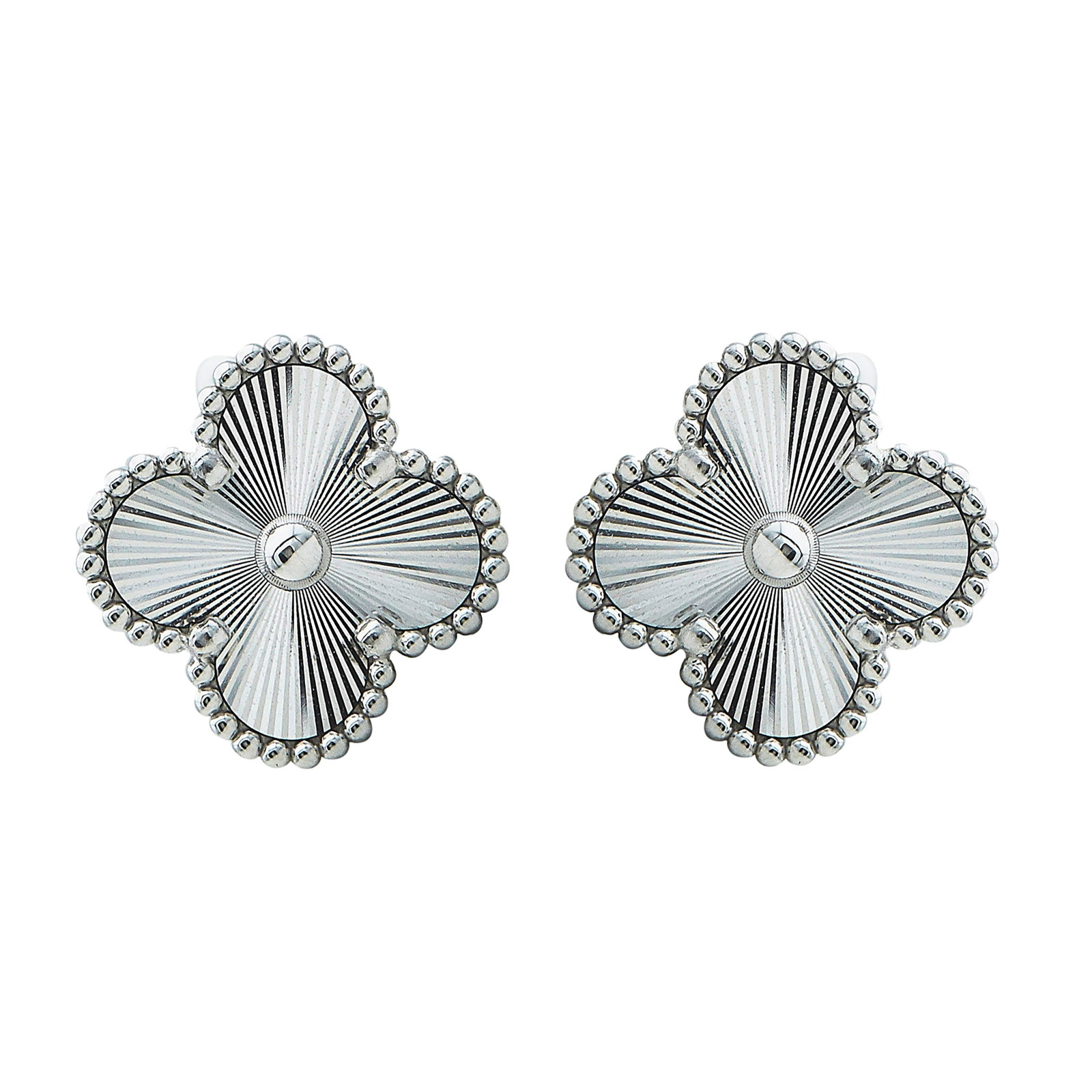 Van Cleef & Arpels Alhambra Vintage 18K White Gold Stud Earrings: BRAND: VCA; COLLECTION: Alhambra (Vintage); METAL: 18K White Gold; STAMPED: OR, VCA, Au750, Serial number, French marks; CONDITION: Pre-owned, Excellent; ITEM WEIGHT (GRAMS): 10.1 g; MEASUREMENTS: Ear