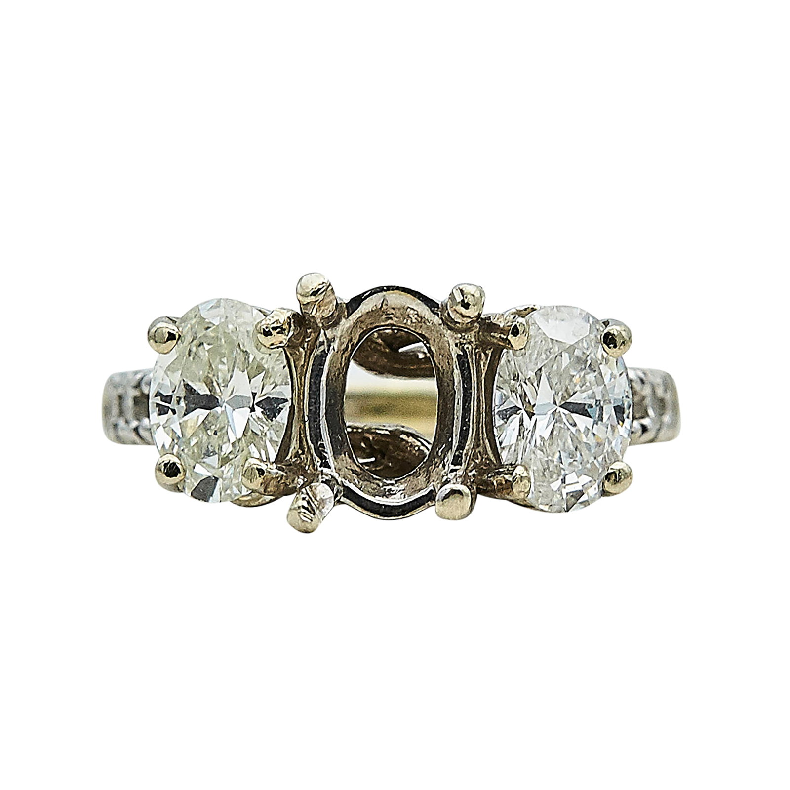 14K White Gold and Diamond Engagement Ring Setting: METAL: 14K White Gold; APPROXIMATE TOTAL DIAMOND WEIGHT: 1.80 ctw; STAMPED: 14K; CONDITION: Pre-owned, Good; ITEM WEIGHT (GRAMS): 4.6 g; MEASUREMENTS: Ring size 5 1/4, Center will fit 8.60 mm x 6.80 m
