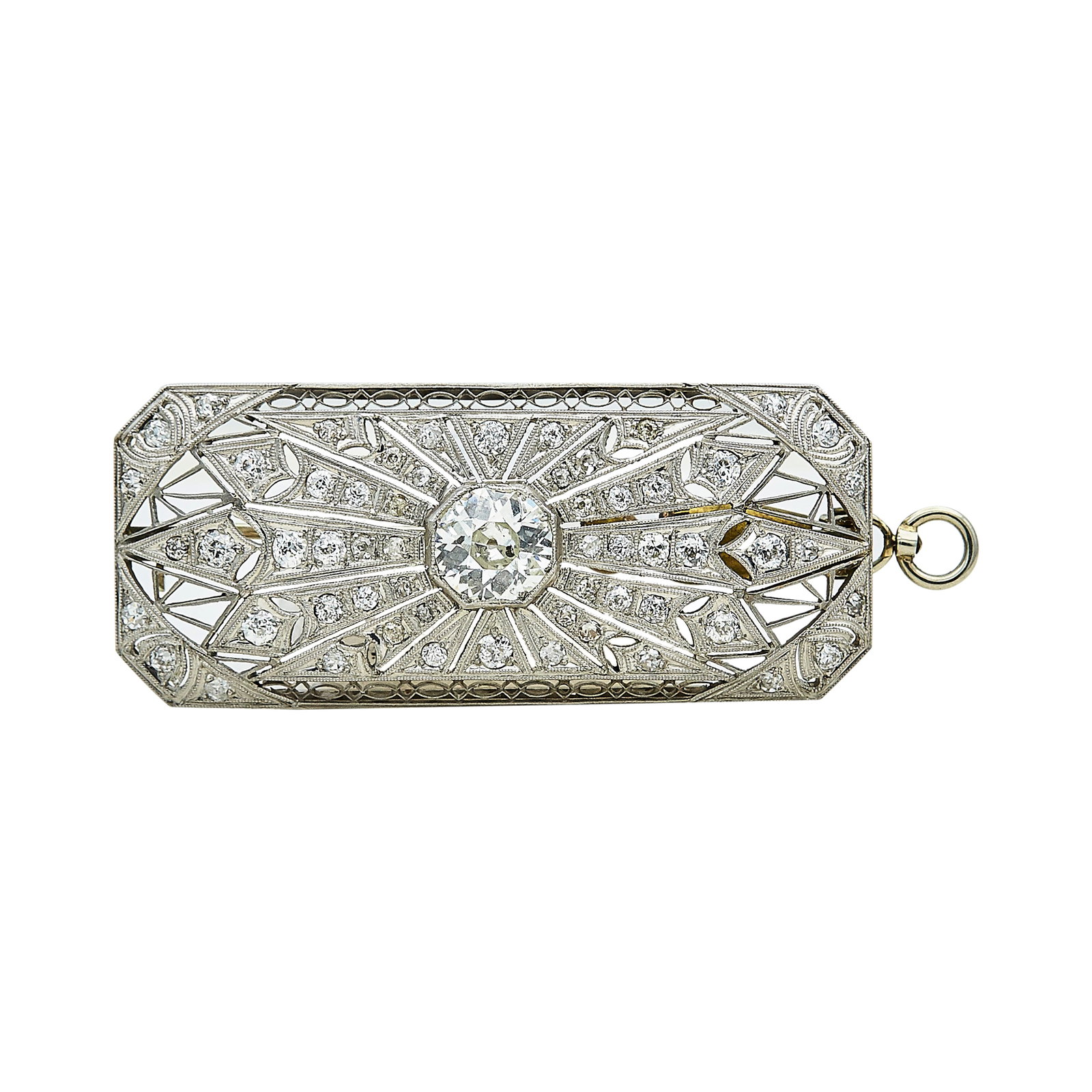 Art Deco Platinum and Diamond Brooch Pendant: METAL: Platinum; SHAPE: Old Mine Cut; APPROXIMATE TOTAL DIAMOND WEIGHT: 2.85 ctw; TESTED: Platinum; CONDITION: Pre-owned, Very Good; ITEM WEIGHT (GRAMS): 13.9 g; MEASUREMENTS: Brooch approx. 1 15/16 i