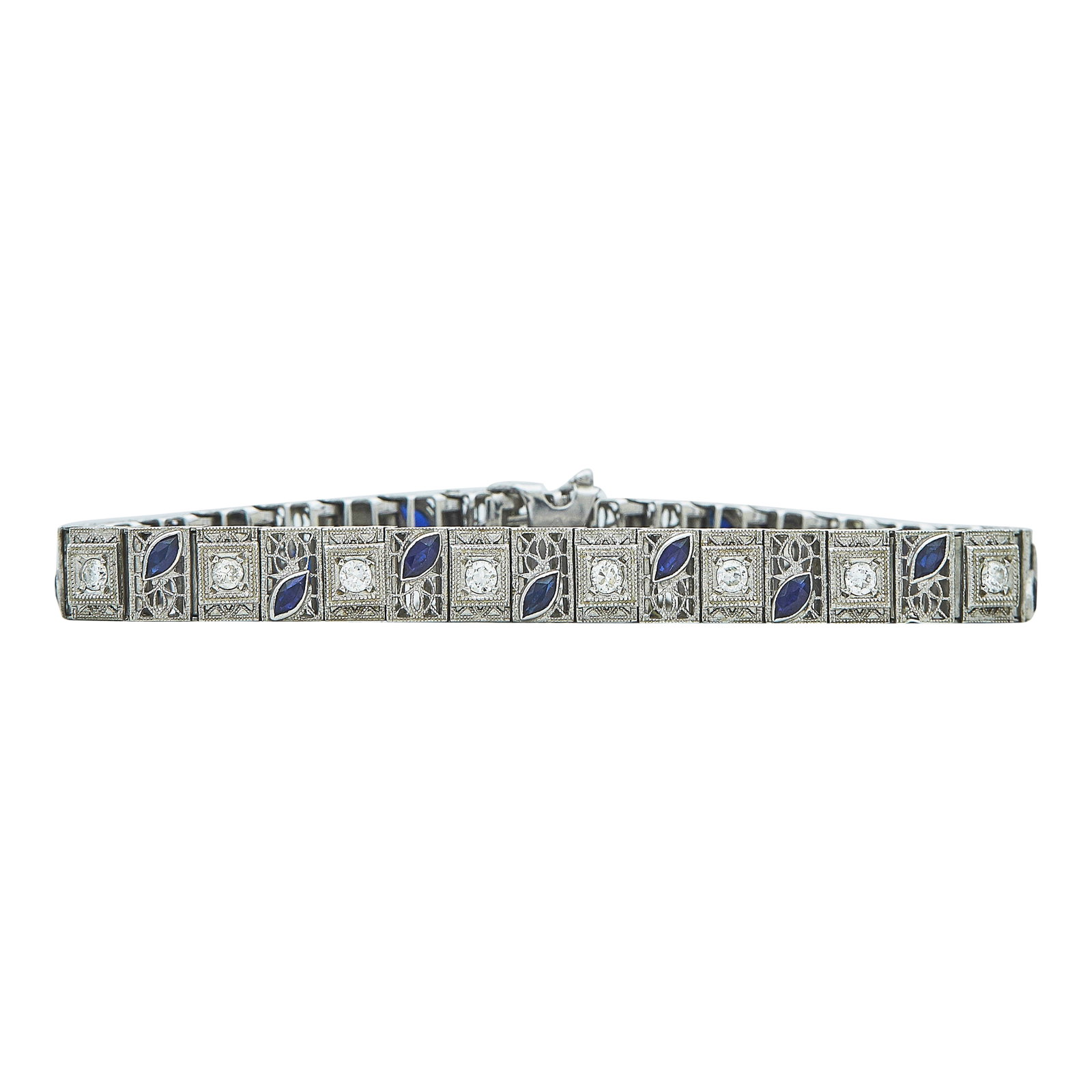 Art Deco 14K White Gold, Diamond, and Synthetic Sapphire Link Bracelet (1 of 2)