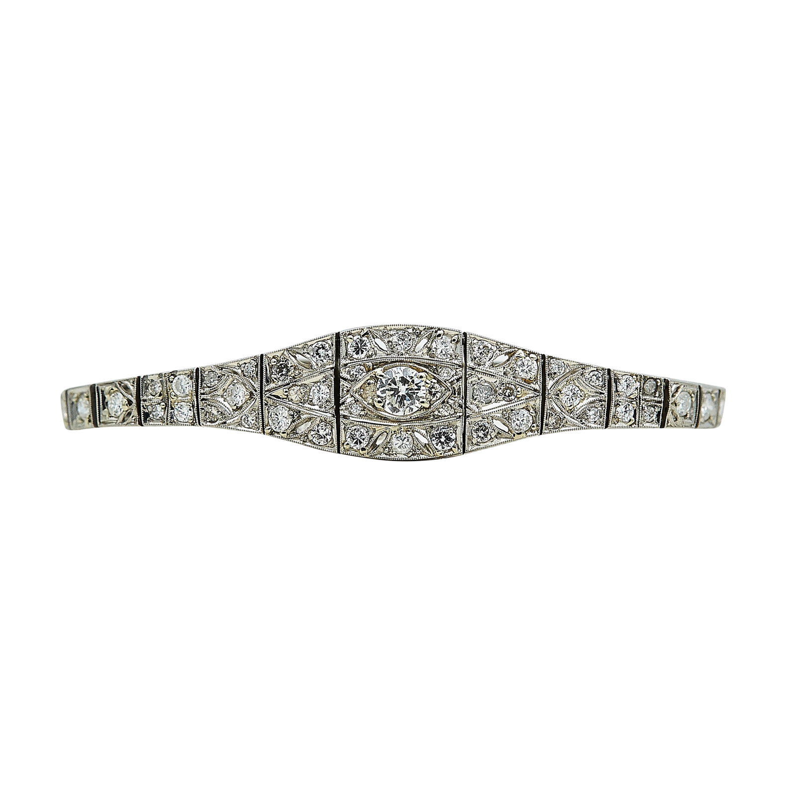 Platinum and Diamond Bracelet: METAL: Platinum; APPROXIMATE TOTAL DIAMOND WEIGHT: 4 ctw; TESTED: Platinum; CONDITION: Pre-owned, Good; ITEM WEIGHT (GRAMS): 18.9 g; MEASUREMENTS: Bracelet inner circumference approx. 6 inches; ADDITI