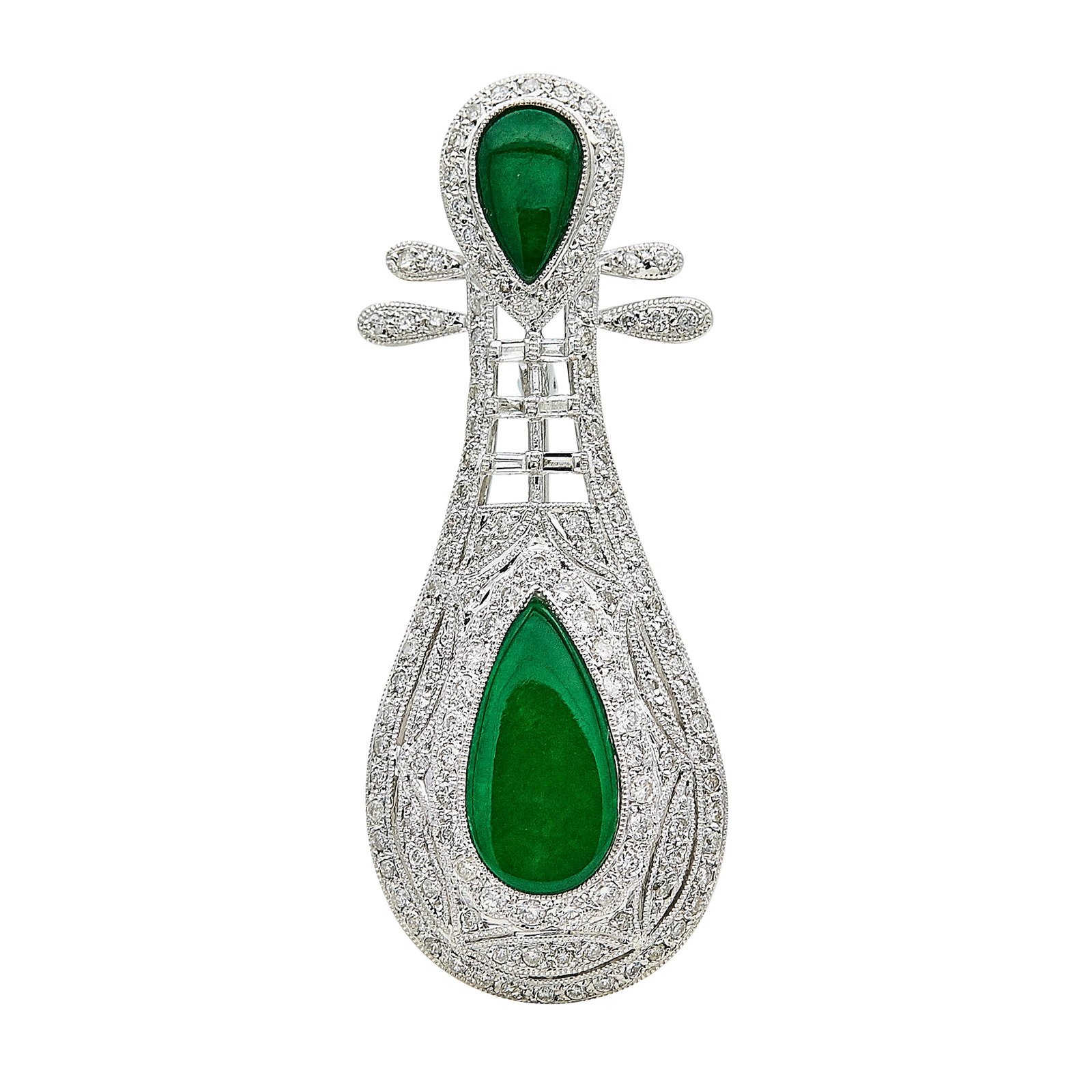 18K White Gold, Type A Jadeite, and Diamond Lute Pendant Brooch (1 of 3)