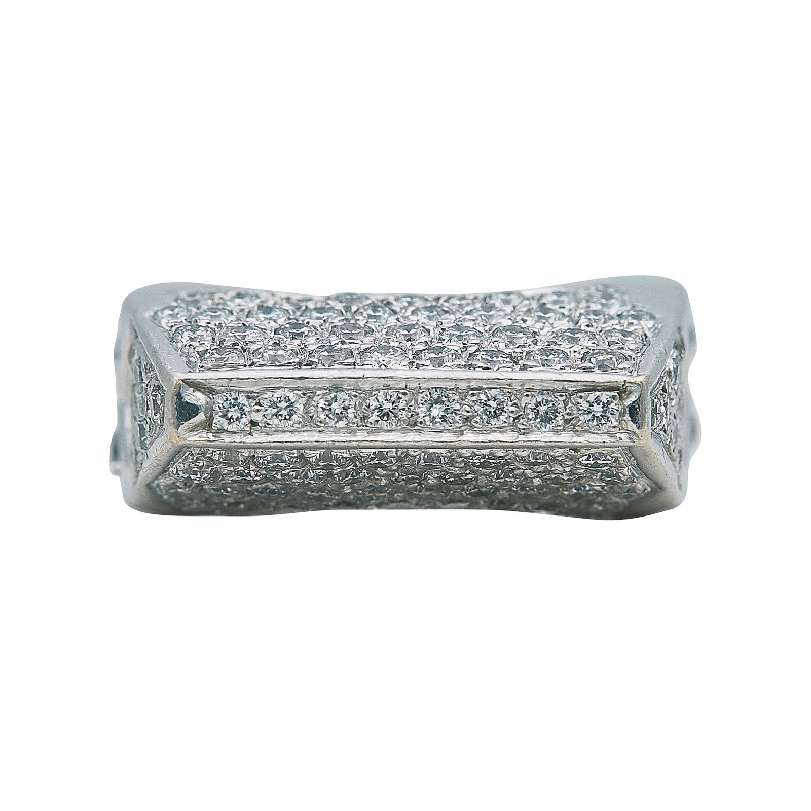 18K White Gold and Diamond Pavé Square Band Ring: METAL: 14K White Gold; APPROXIMATE TOTAL DIAMOND WEIGHT: 1.50 ctw; TESTED: 14K White Gold; CONDITION: Pre-owned, Good; ITEM WEIGHT (GRAMS): 10.9 g; MEASUREMENTS: Ring size 7 3/4