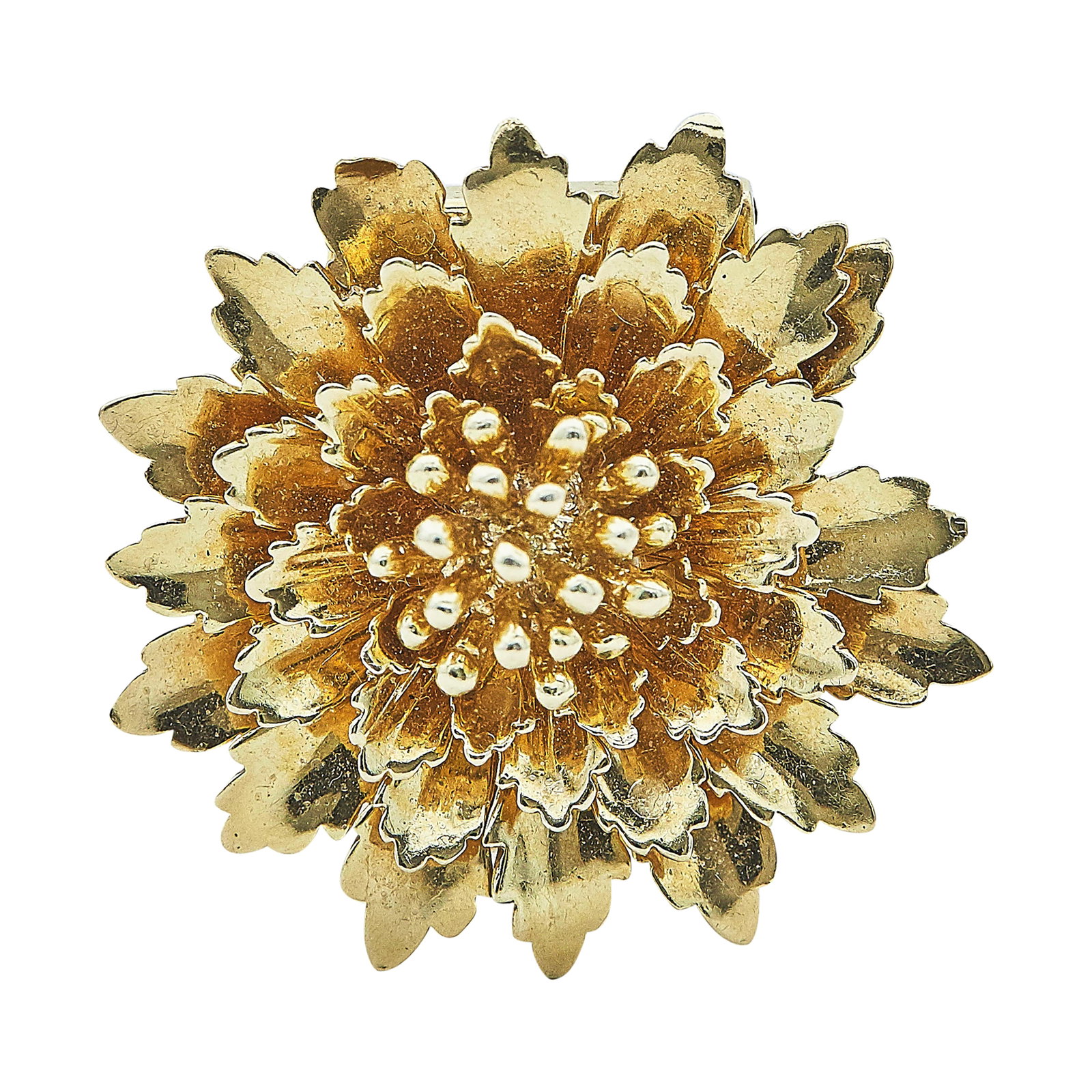 Tiffany & Co. 14K Yellow Gold Flower Pin Brooch: BRAND: Tiffany & Co.; METAL: 14K Yellow Gold; STAMPED: Tiffany & Co, 14K, Maker's mark; CONDITION: Pre-owned, Good; ITEM WEIGHT (GRAMS): 16.4 g; MEASUREMENTS: Brooch approx. 1 1/4 inch in diameter