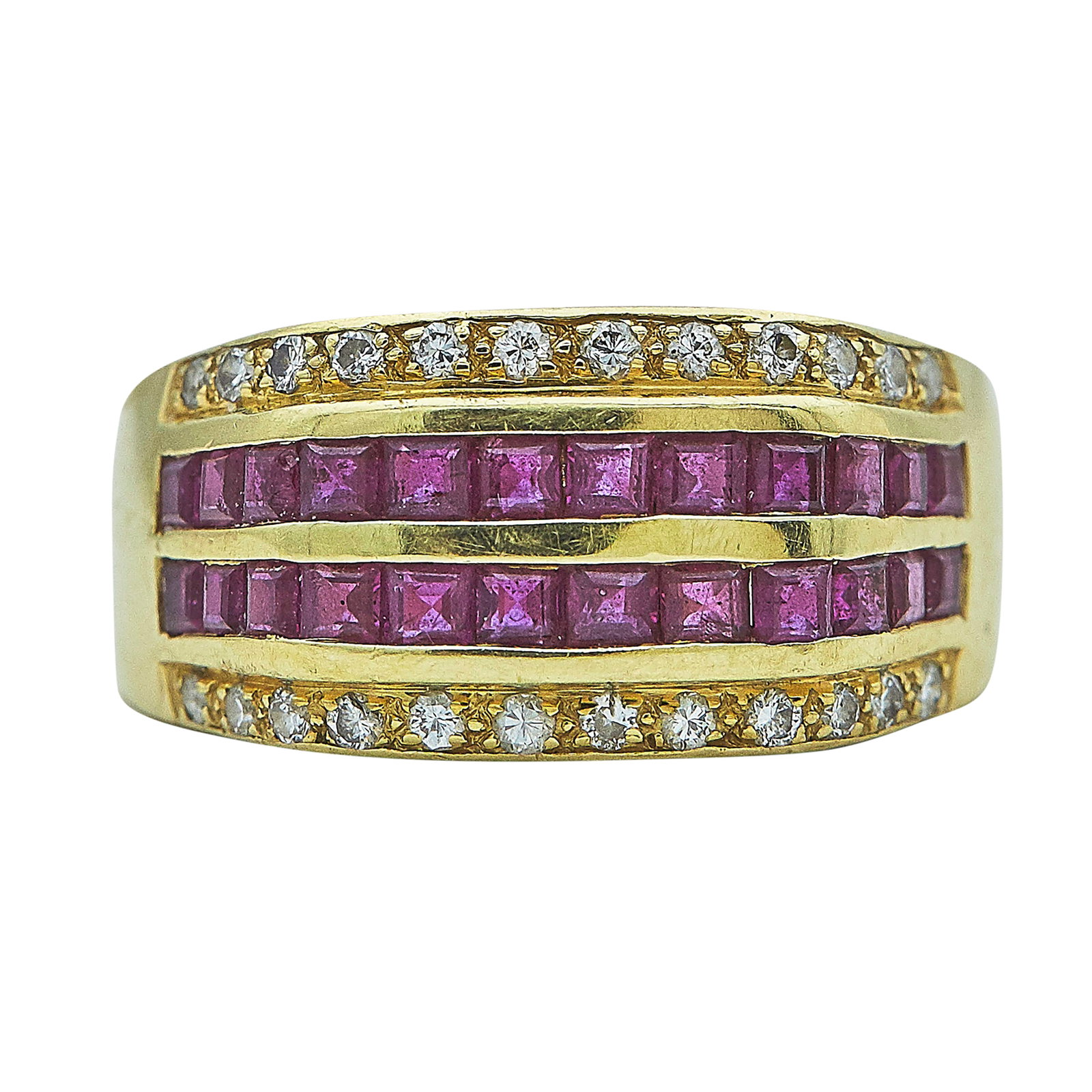 18K Yellow Gold, Ruby, and Diamond Flat-Top Angled-Side Band Ring: METAL: 18K Yellow Gold; APPROXIMATE TOTAL DIAMOND WEIGHT: 0.12 ctw; GEMSTONES: Ruby; STAMPED: 750, W3, Rubbed marks; CONDITION: Pre-owned, Good; ITEM WEIGHT (GRAMS): 9 g; MEASUREMENTS: Ring size 7 3/4