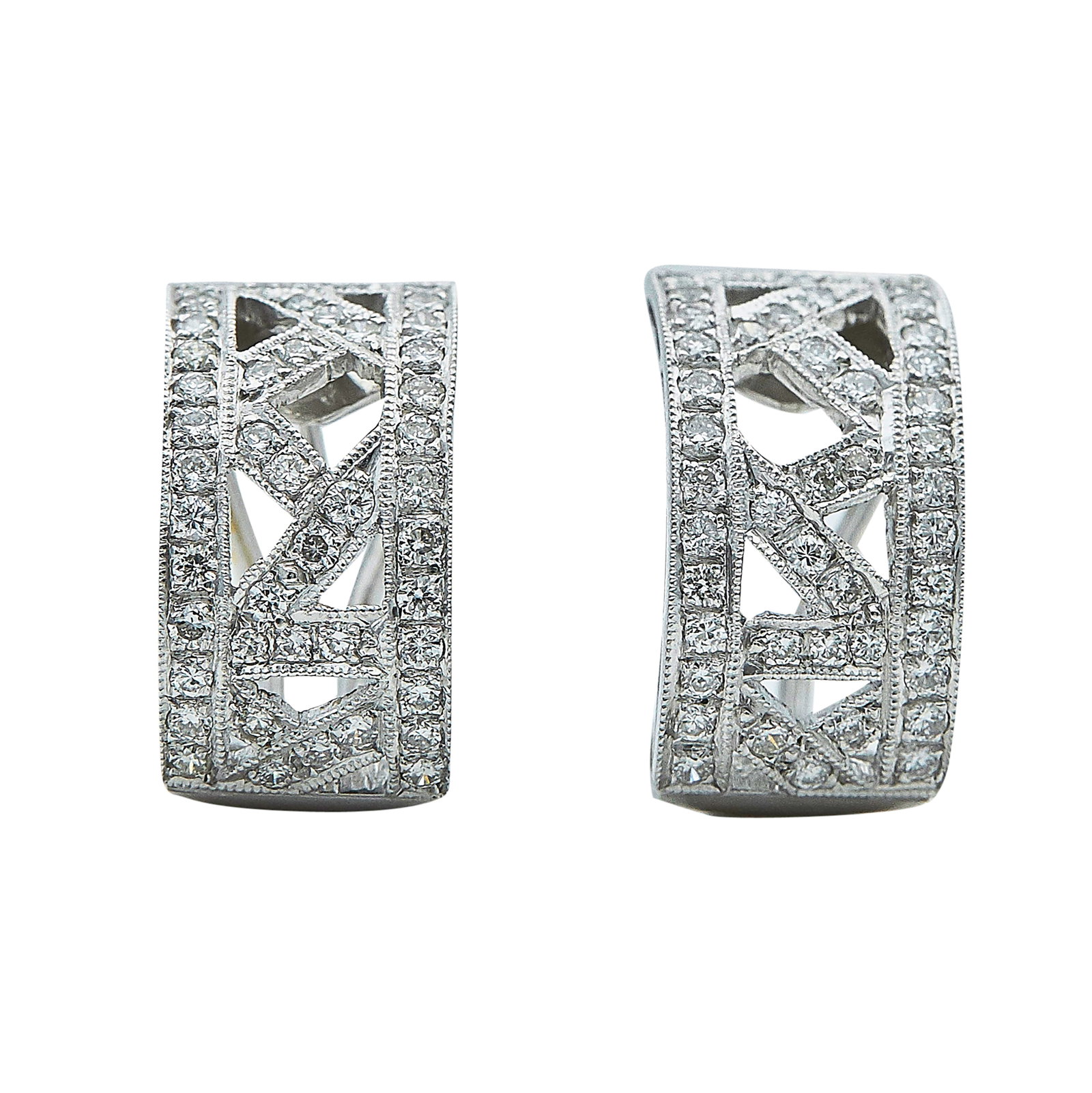 18K White Gold and Diamond Geometric Half Huggie Earrings: METAL: 18K White Gold; APPROXIMATE TOTAL DIAMOND WEIGHT: 0.26 ctw; STAMPED: 750, JP; CONDITION: Pre-owned, Good; ITEM WEIGHT (GRAMS): 8.6 g; MEASUREMENTS: Earrings 11/16 inch long x 3/8 inch wide; ADD