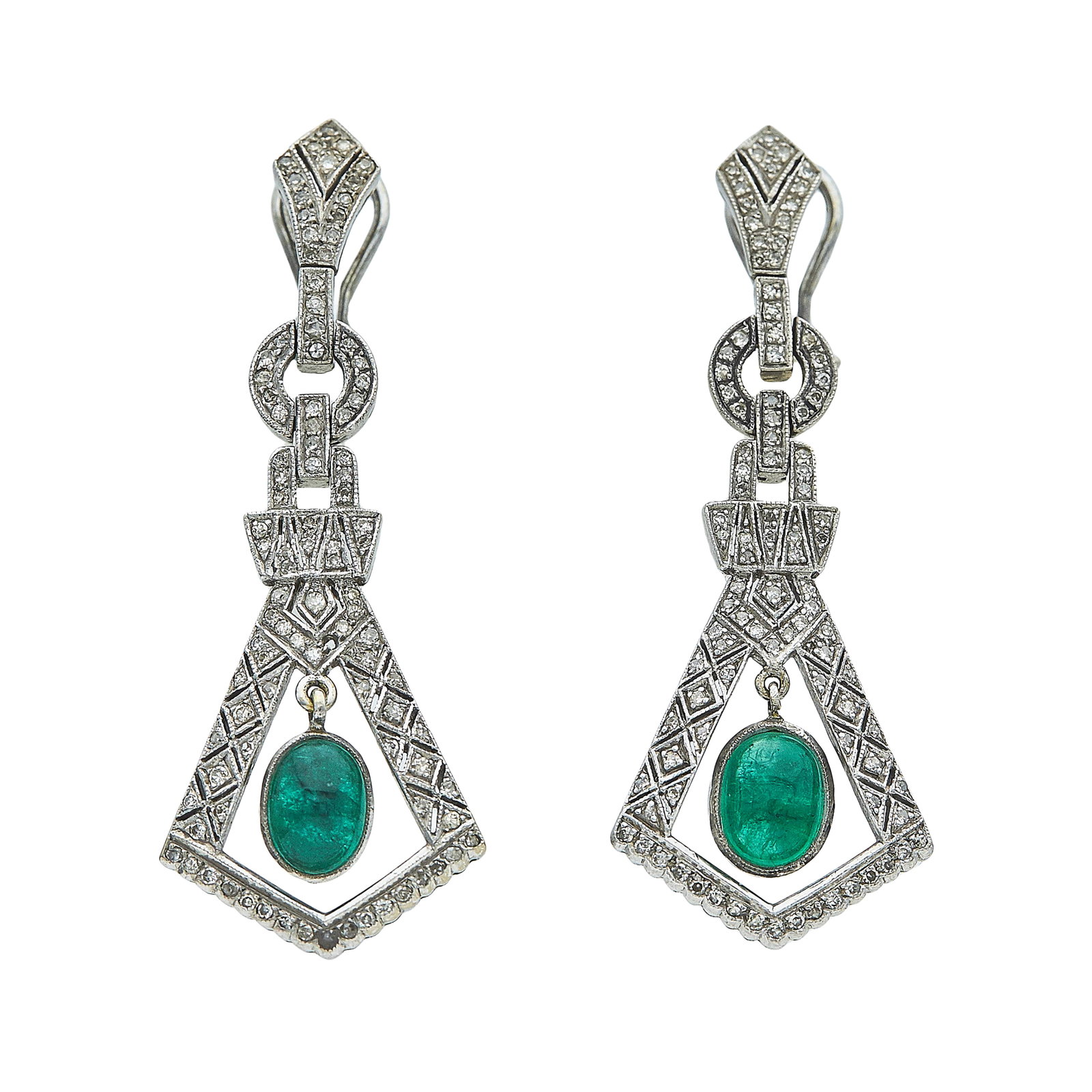 Art Deco Style 14K White Gold Emerald and Diamond Earrings (1 of 3)