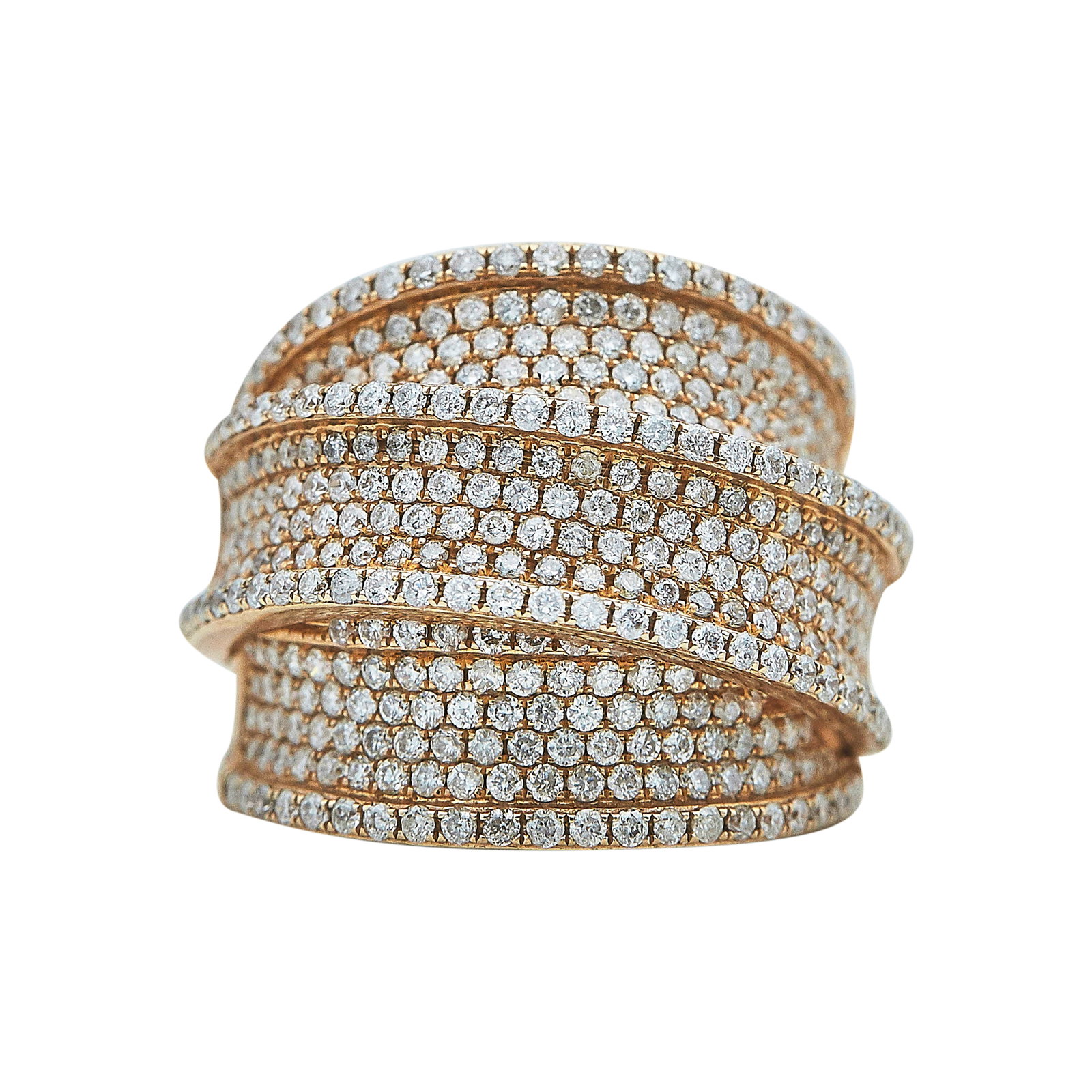 14K Rose Gold and Diamond Pave Three Band Cocktail Ring: METAL: 14K Rose Gold; APPROXIMATE TOTAL DIAMOND WEIGHT: 1.50 ctw; STAMPED: 14K, GLK; CONDITION: Pre-owned, Very Good; ITEM WEIGHT (GRAMS): 10.7 g; MEASUREMENTS: Ring size 7