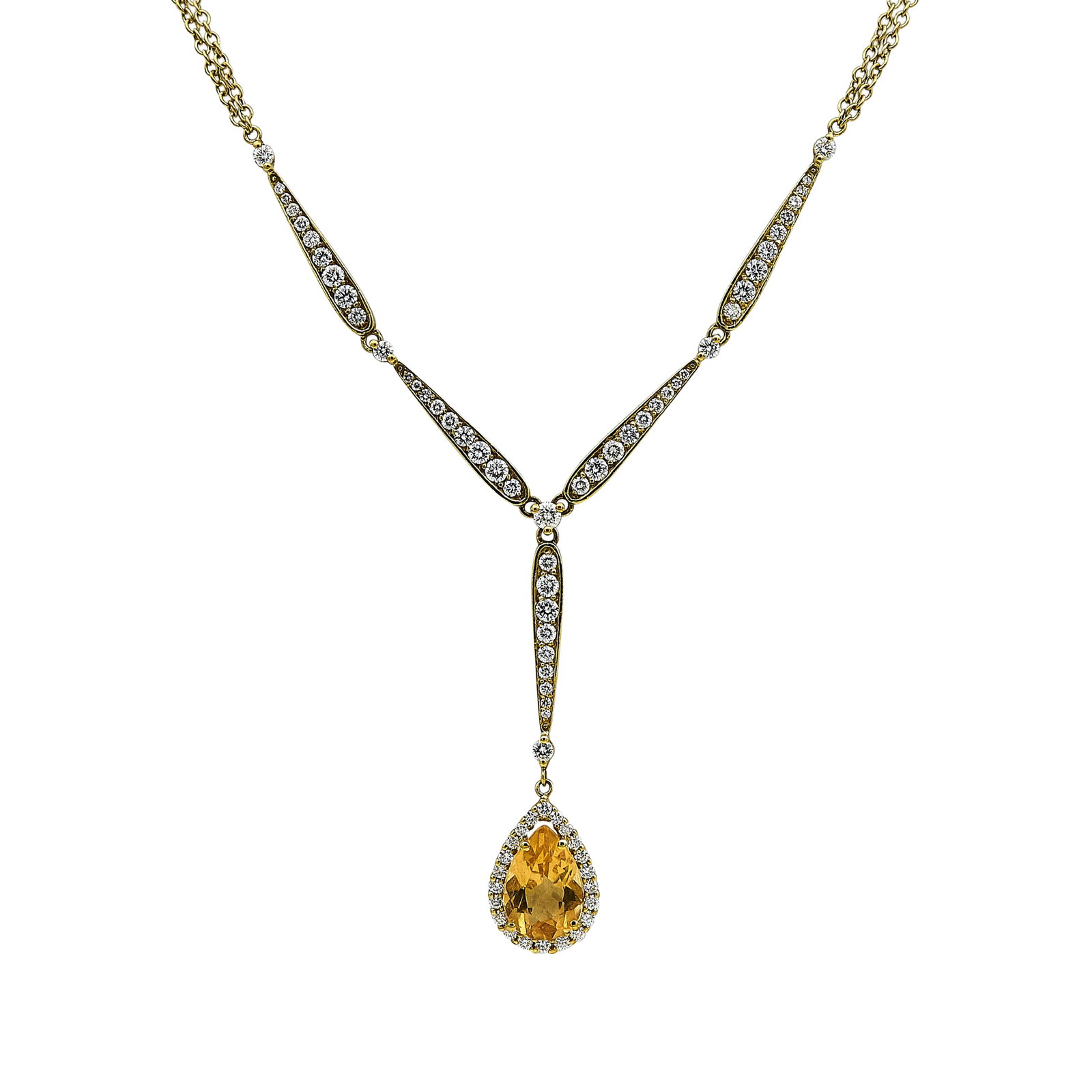18K Yellow Gold, Citrine, and Diamond Double Chain Drop Necklace: METAL: 18K Yellow Gold; APPROXIMATE TOTAL DIAMOND WEIGHT: 1.75 ctw; GEMSTONES: Citrine approx. 2.84 carats, Weight estimated by formula; STAMPED: 18K; CONDITION: Pre-owned, Good; ITEM WEIGHT (GRAMS): 