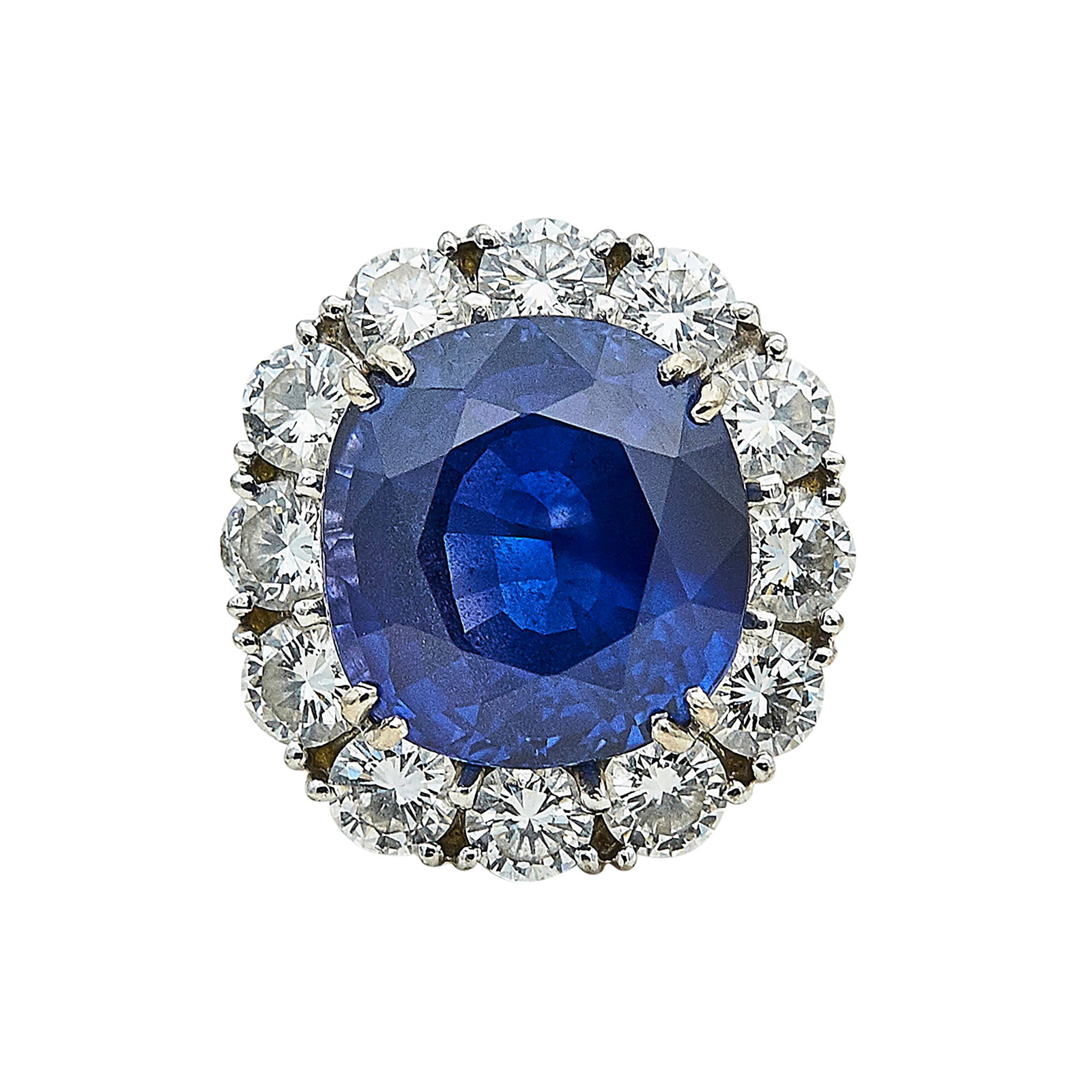18K White Gold, Sapphire, and Diamond Cluster Ring: METAL: 18K White Gold; APPROXIMATE TOTAL DIAMOND WEIGHT: 2.62 ctw; GEMSTONES: Sapphire approx. 16.80 carats, Weight estimated by formula; STAMPED: CTF, 750, Maker's mark, D2.62, S16.80; CONDITION: Pre