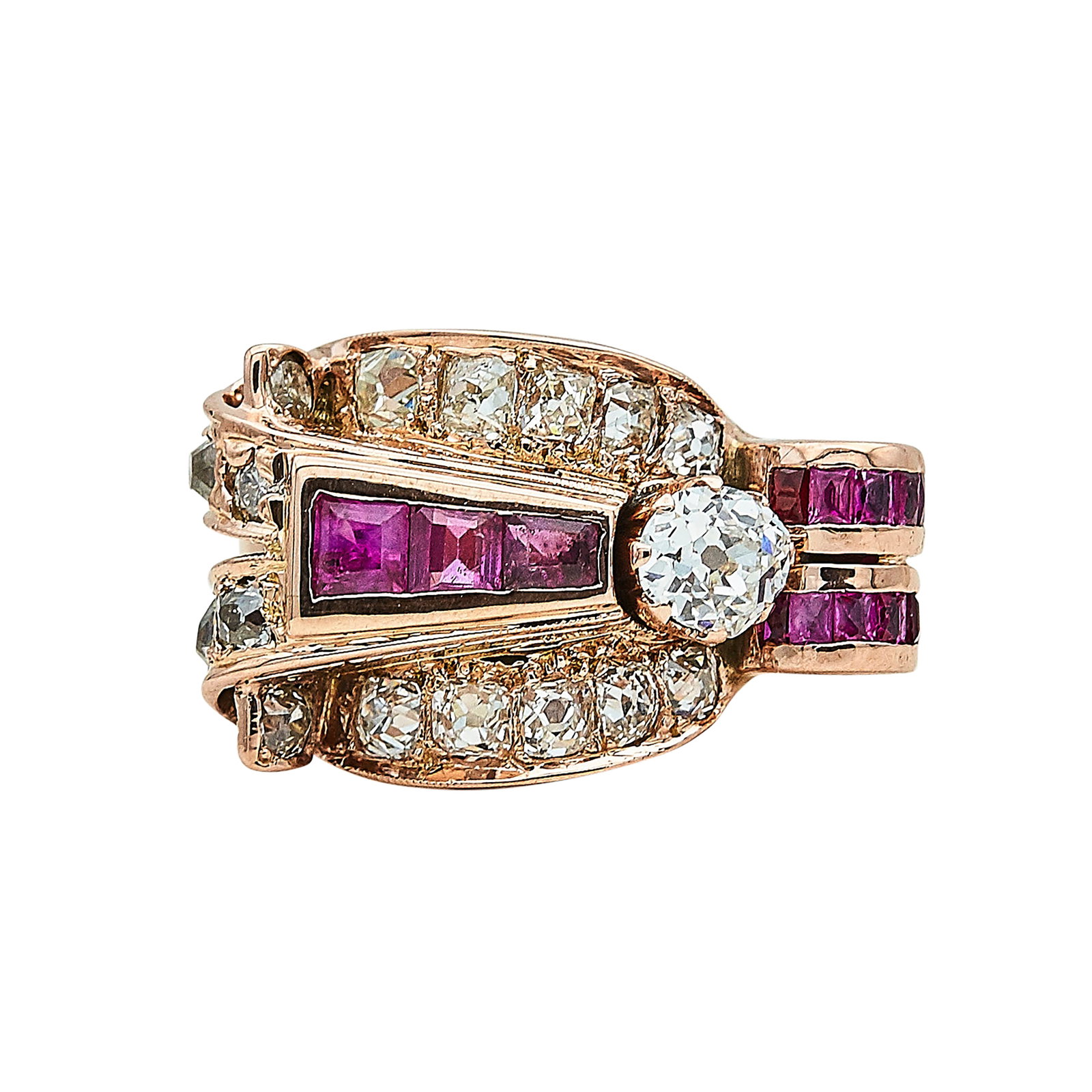 Rose Gold Plated 14K White Gold, Diamond, and Synthetic Ruby Cocktail Ring (1 of 3)