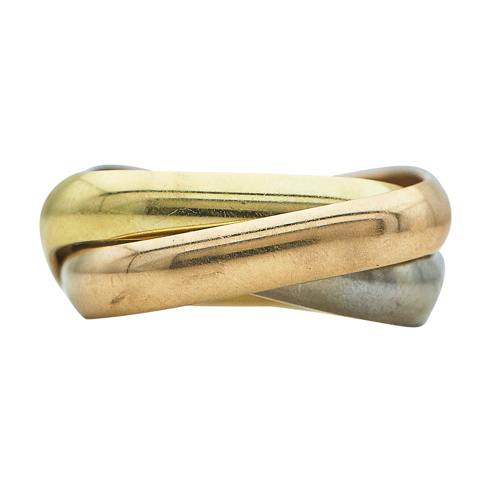 Cartier Trinity Cushion-Shaped Classic Model 18K Tri-Color Gold Ring: BRAND: Cartier; COLLECTION: Trinity; METAL: 18K Tri-Color; STAMPED: © Cartier, 53, Serial number, Au750, French mark; CONDITION: Pre-owned, Good; ITEM WEIGHT (GRAMS): 8.9 g; MEASUREMENTS: Cartier rin