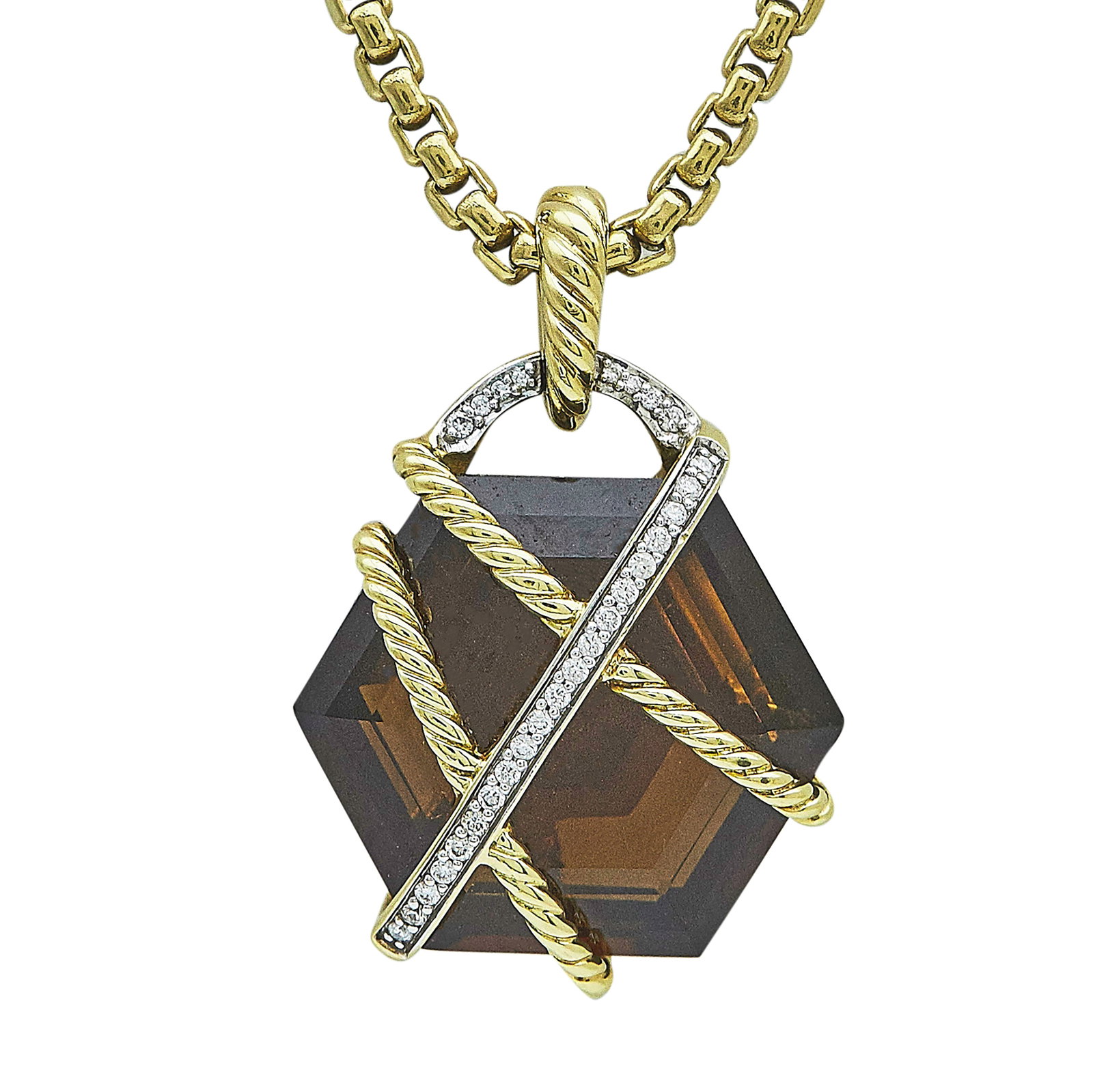 David Yurman 18K Yellow Gold, Smoky Quartz, and Diamond Hexagon Pendant Necklace: BRAND: David Yurman; METAL: 18K Yellow Gold; APPROXIMATE TOTAL DIAMOND WEIGHT: 0.14 ctw; GEMSTONES: Smoky Quartz; STAMPED: © D.Y., 750; CONDITION: Pre-owned, Very Good; ITEM WEIGHT (GRAMS): 35.9 g; M