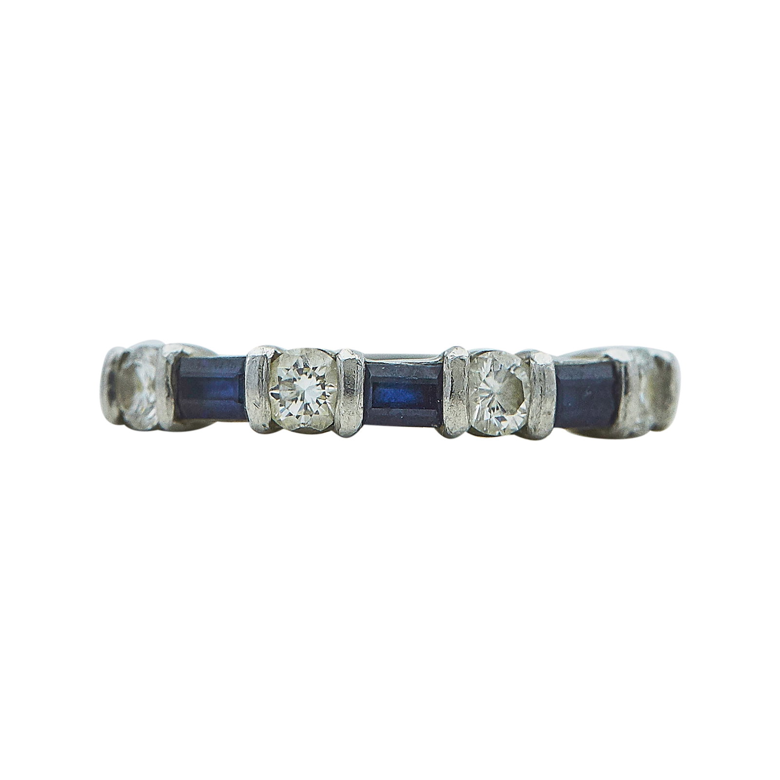 Tiffany & Co. Platinum, Sapphire, and Diamond Ring: BRAND: Tiffany & Co.; METAL: Platinum; APPROXIMATE TOTAL DIAMOND WEIGHT: 0.45 ctw; GEMSTONES: Sapphires approx. 0.50 carats, Weight estimated by formula, Some sapphires chipped and show signs of wear;