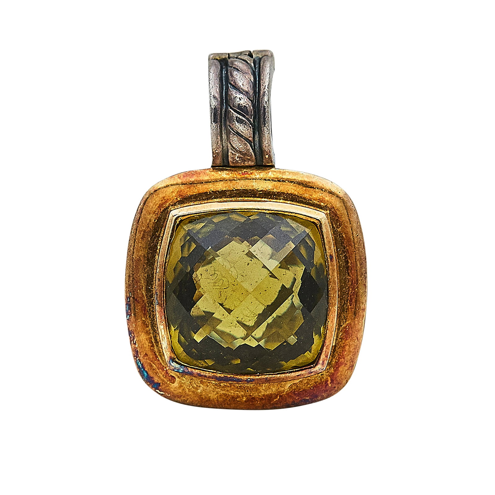 David Yurman 18K Yellow Gold, Sterling Silver, and Quartz Pendant: BRAND: David Yurman; METAL: 18K Yellow Gold/Silver; GEMSTONES: Quartz; STAMPED: © D.Y., 750, 925; CONDITION: Pre-owned, Good; ITEM WEIGHT (GRAMS): 7.2 g; MEASUREMENTS: Pendant approx. 15/16 inch long