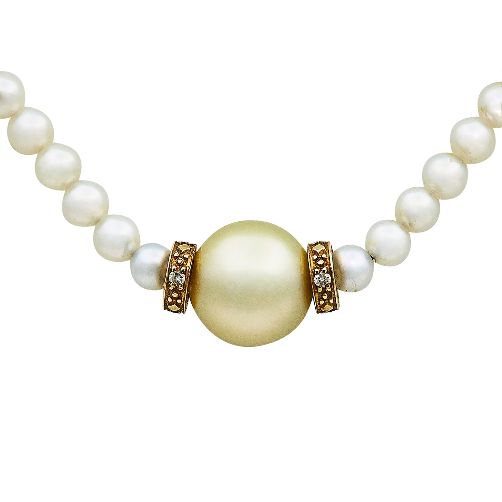 Mikimoto 18K Yellow Gold Pearl Strand with "M" Charm Necklace: BRAND: Mikimoto; METAL: 18K Yellow Gold; APPROXIMATE TOTAL DIAMOND WEIGHT: 0.02 ctw; GEMSTONES: Gold Pearl approx. 10.00 mm in diameter, White Pearls approx. 3.50 mm in diameter each; STAMPED: K18, Ma