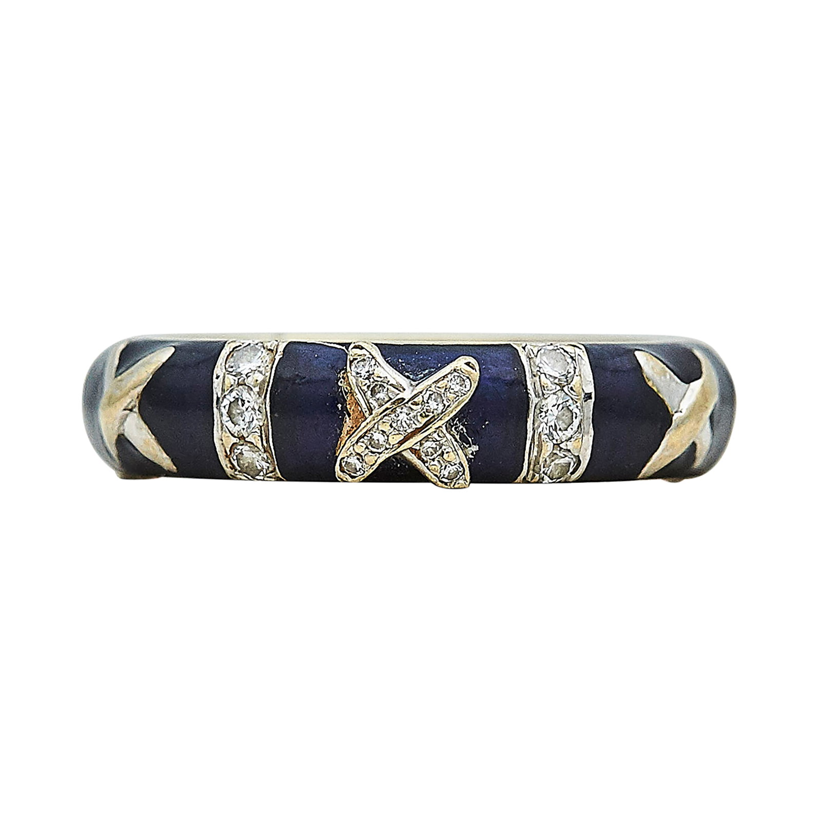 Hidalgo 18K White Gold, Enamel, and Diamond Band Ring: BRAND: Hidalgo; METAL: 18K White Gold; APPROXIMATE TOTAL DIAMOND WEIGHT: 0.07 ctw; GEMSTONES: Enamel; STAMPED: Hidalgo, 750, Maker's marks; CONDITION: Pre-owned, Good; ITEM WEIGHT (GRAMS): 5.9 g;
