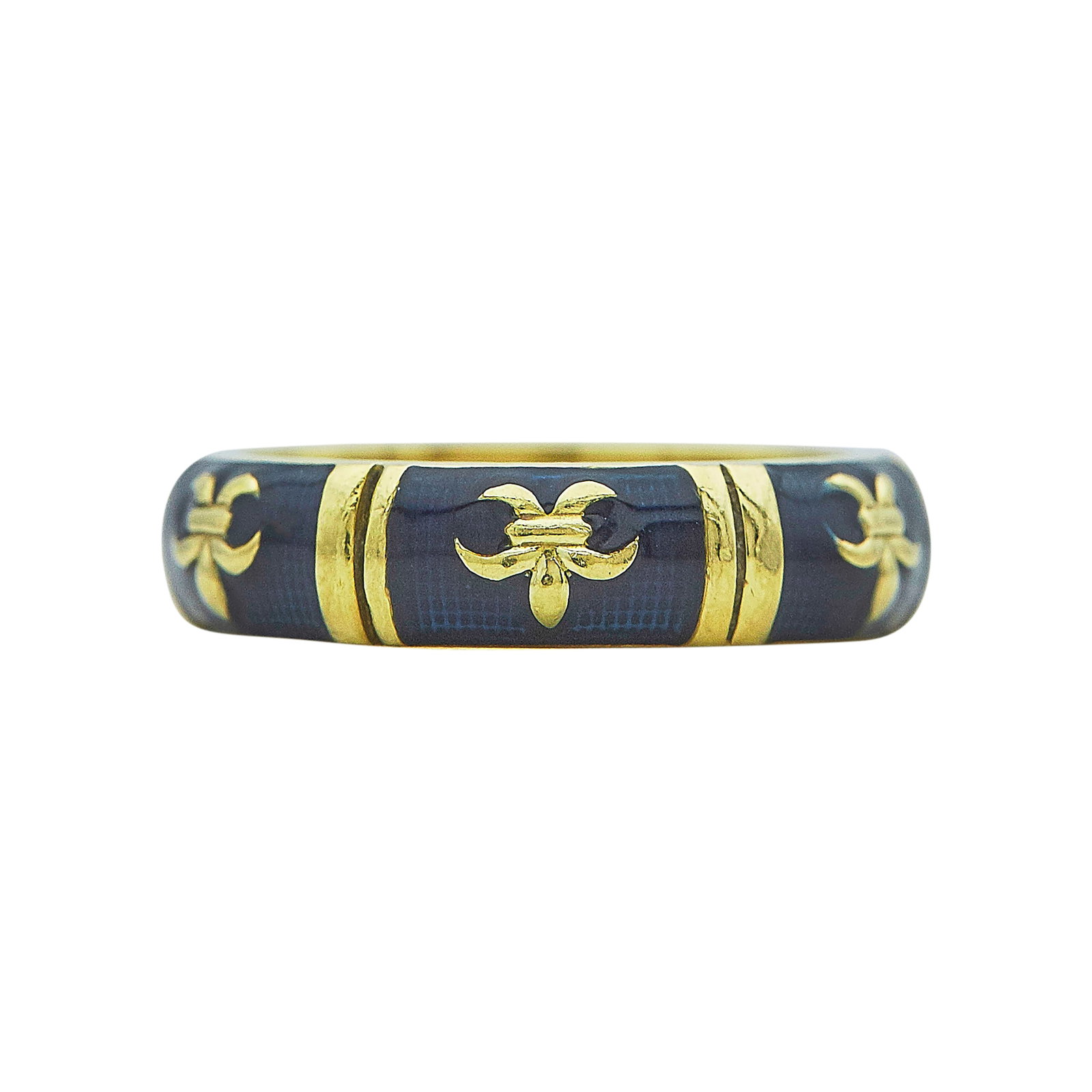 Hidalgo 18K Yellow Gold and Enamel Fleur de Lys Band Ring: BRAND: Hidalgo; METAL: 18K Yellow Gold; GEMSTONES: Enamel; STAMPED: Hidalgo, 750, Maker's marks; CONDITION: Pre-owned, Very Good; ITEM WEIGHT (GRAMS): 4.8 g; MEASUREMENTS: Ring size 4 1/2