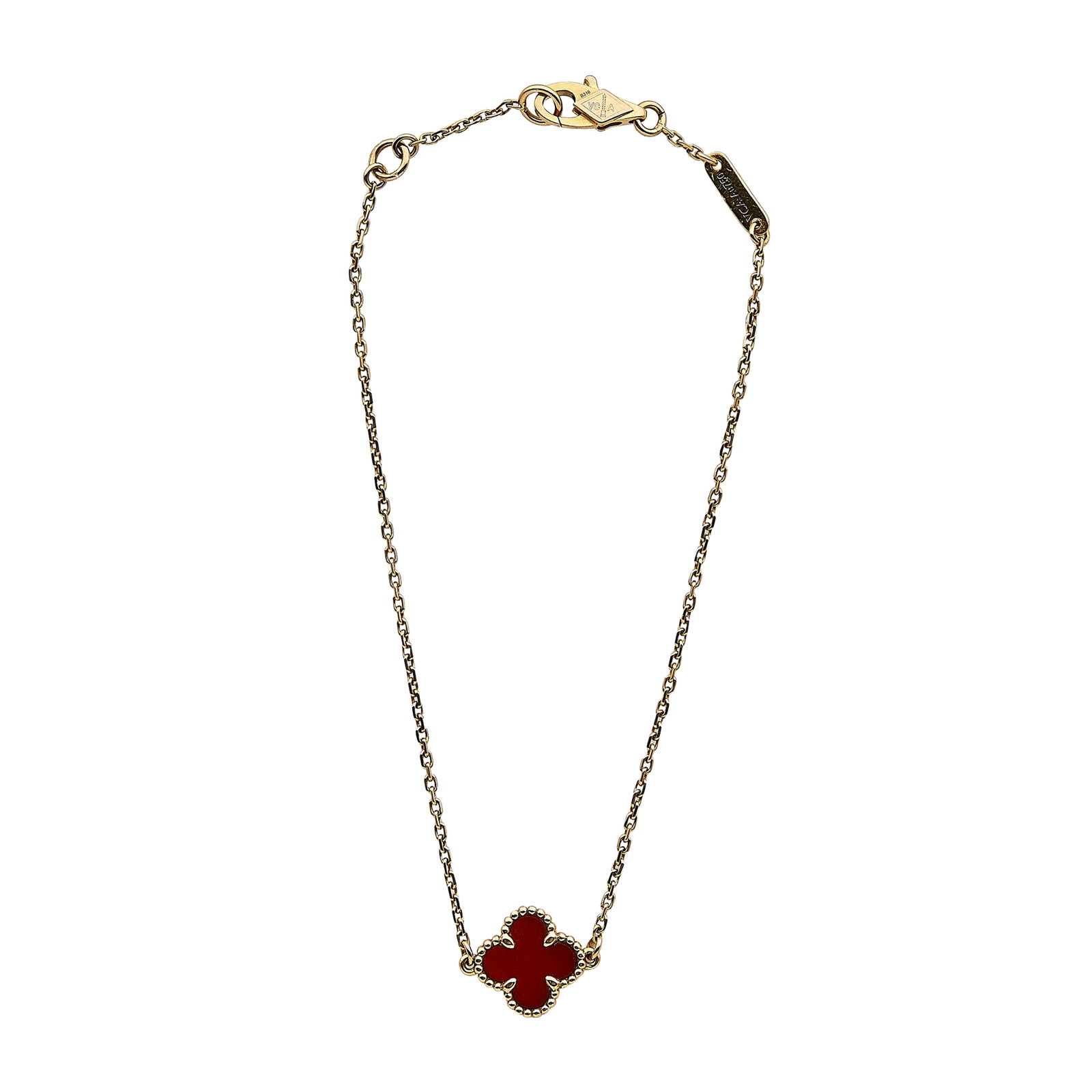 Van Cleef & Arpels Alhambra Sweet 18K Rose Gold and Carnelian Bracelet: BRAND: VCA; COLLECTION: Alhambra (Sweet); METAL: 18K Rose Gold; GEMSTONES: Carnelian; STAMPED: VCA, Au750, Serial number, French marks; CONDITION: Pre-owned, Very Good; ITEM WEIGHT (GRAMS): 1.8 g; MEA