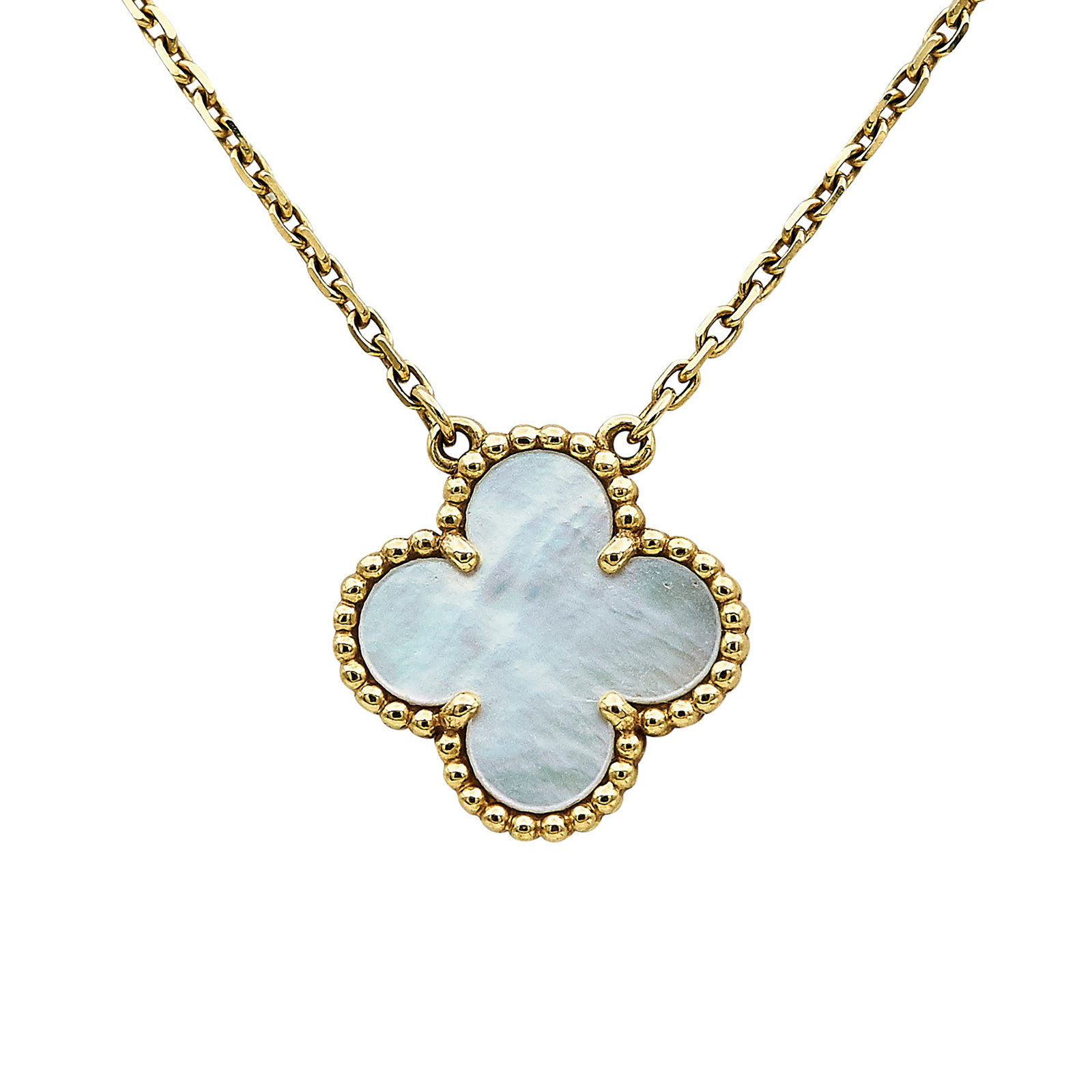 Van Cleef & Arpels Alhambra Vintage 18K Yellow Gold and Mother of Pearl Pendant Necklace: BRAND: VCA; COLLECTION: Alhambra (Vintage); METAL: 18K Yellow Gold; GEMSTONES: Mother of Pearl; STAMPED: VCA, Au750, Serial number, French marks; CONDITION: Pre-owned, Very Good; ITEM WEIGHT (GRAMS): 