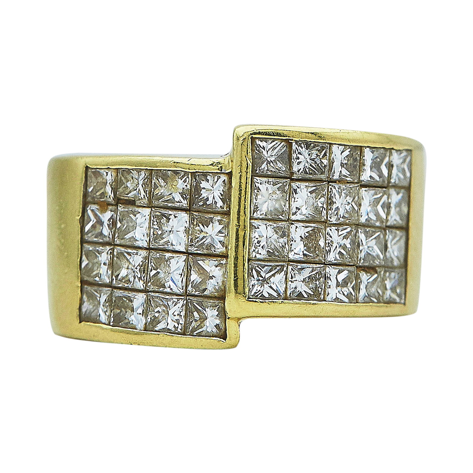 18K Yellow Gold and Carre Diamond Band Ring: METAL: 18K Yellow Gold; APPROXIMATE TOTAL DIAMOND WEIGHT: 2.15 ctw; STAMPED: 18K; CONDITION: Pre-owned, Good; ITEM WEIGHT (GRAMS): 13.7 g; MEASUREMENTS: Ring size 4 with sizing bars