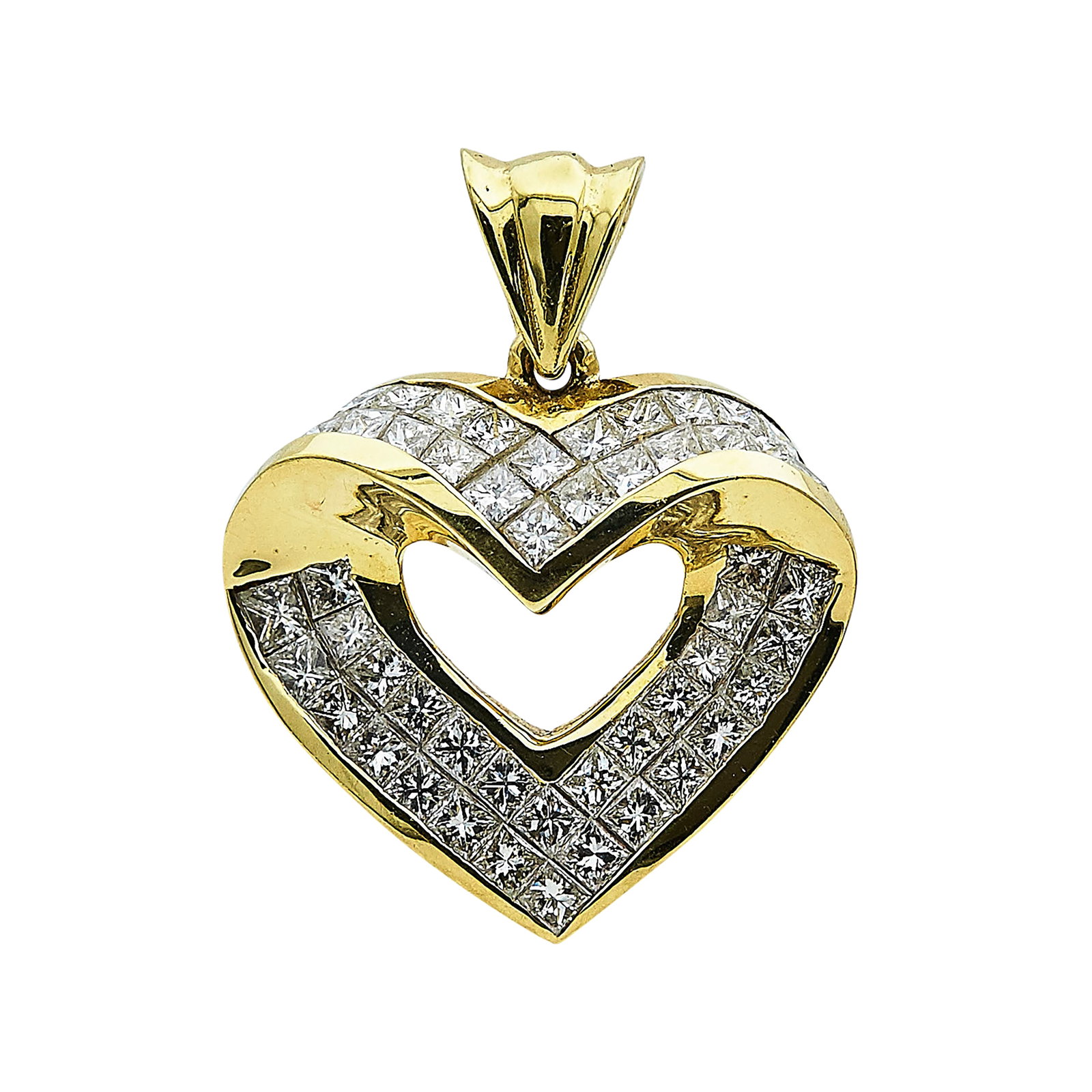 18K Yellow Gold and Carre Diamond Pave Heart Pendant: METAL: 18K Yellow Gold; STAMPED: 18K; CONDITION: Pre-owned, Very Good; ITEM WEIGHT (GRAMS): 9.7 g; MEASUREMENTS: Pendant approx. 1 1/8 inch long including bail x 15/16 inch wide